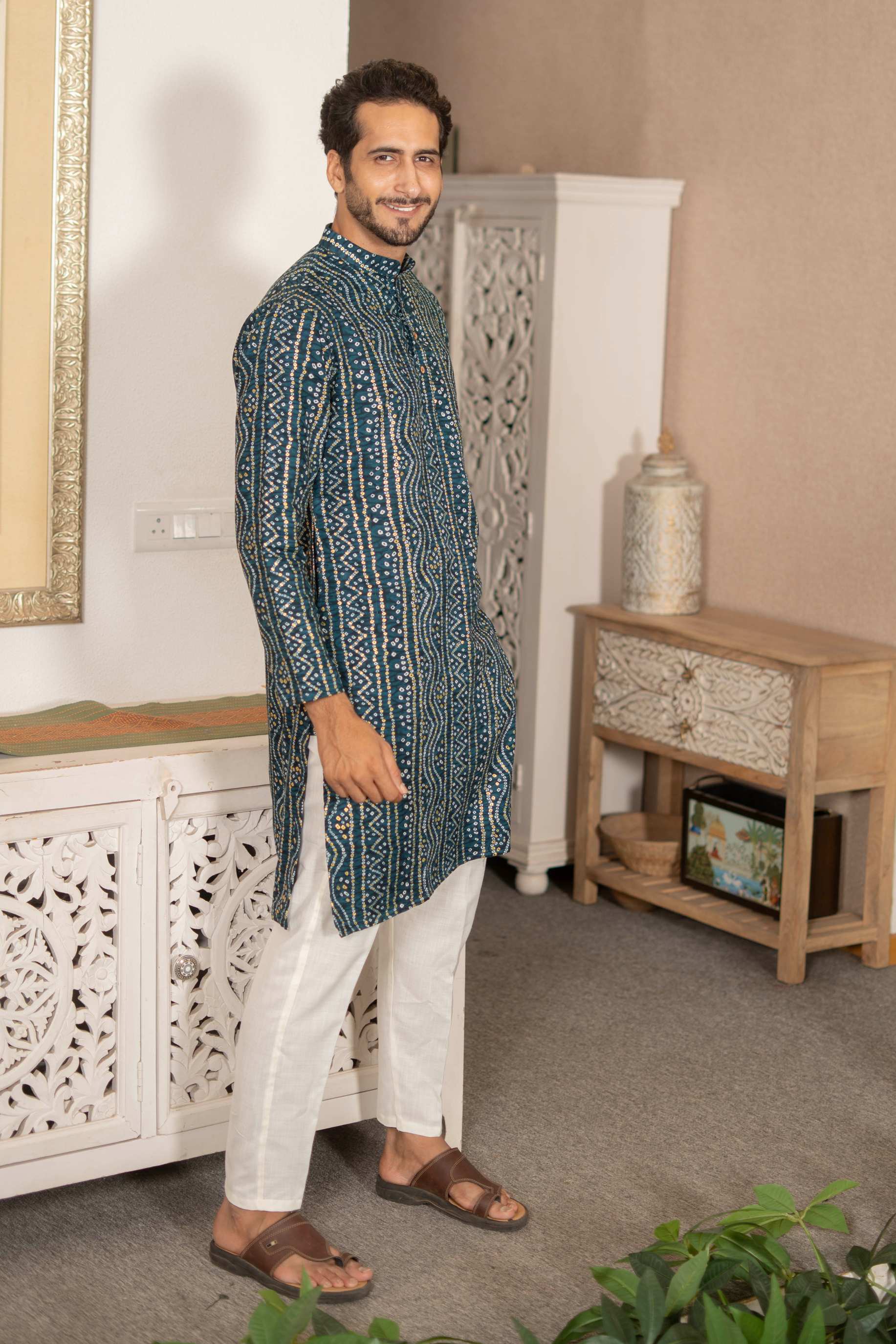 The Teal Blue Long Kurta With Bandhani Gold Foil Print