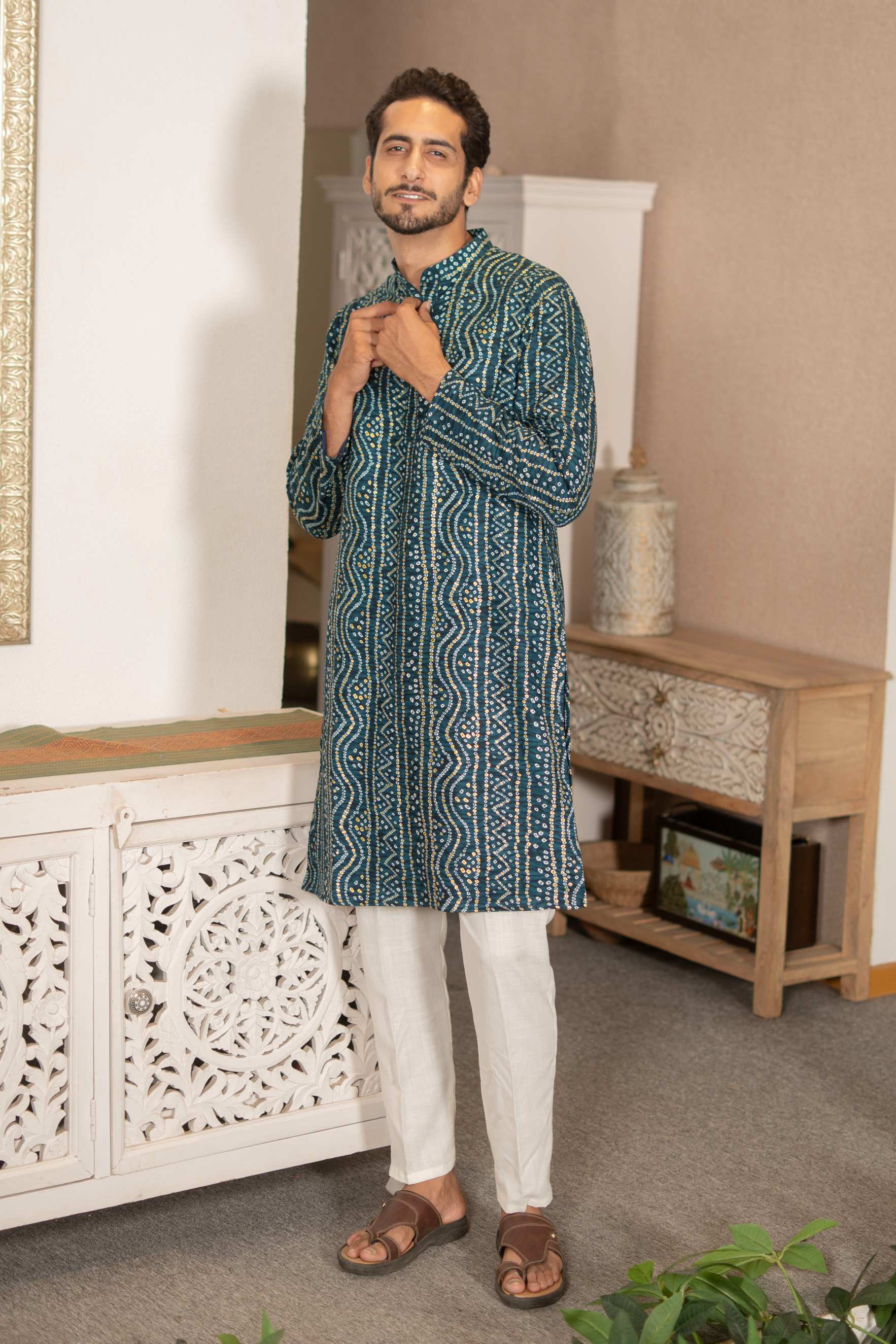 The Teal Blue Long Kurta With Bandhani Gold Foil Print