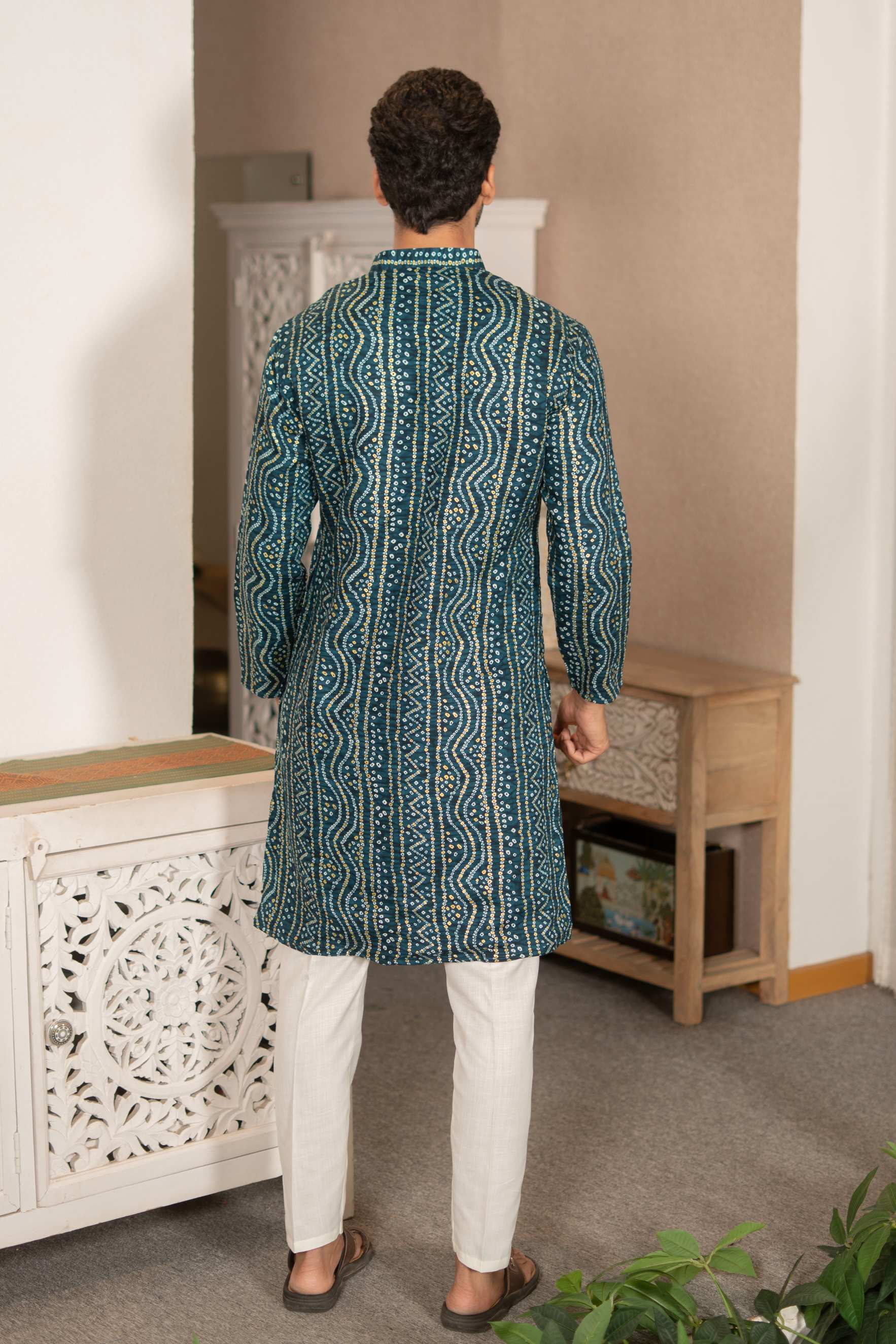 The Teal Blue Long Kurta With Bandhani Gold Foil Print