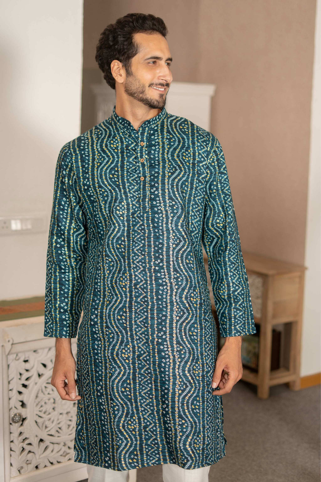 The Teal Blue Long Kurta With Bandhani Gold Foil Print