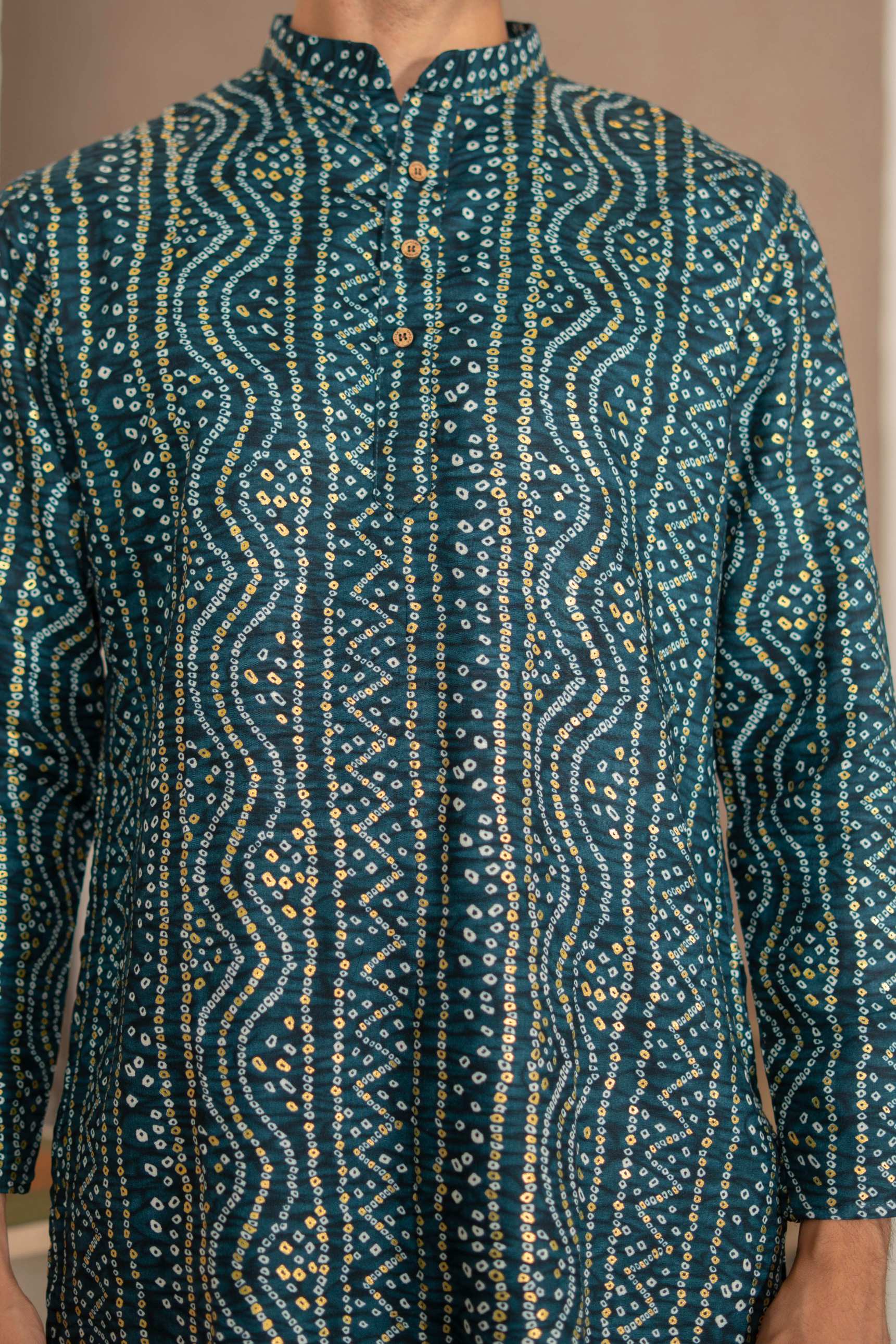 The Teal Blue Long Kurta With Bandhani Gold Foil Print