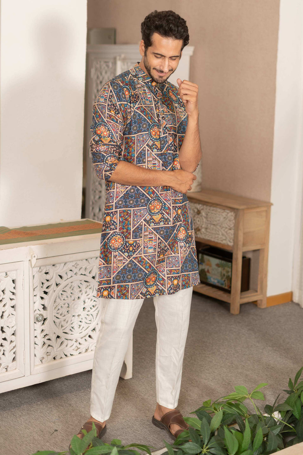 The Dark Navy Artisan Patchwork Foil Print Long Kurta