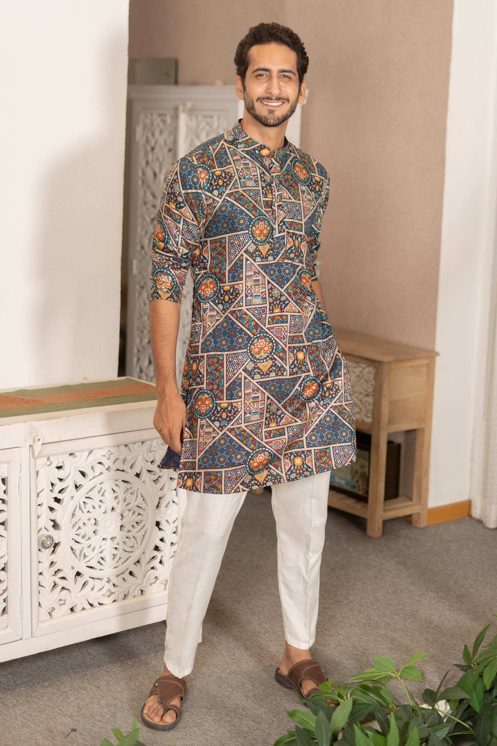 The Dark Navy Artisan Patchwork Foil Print Long Kurta
