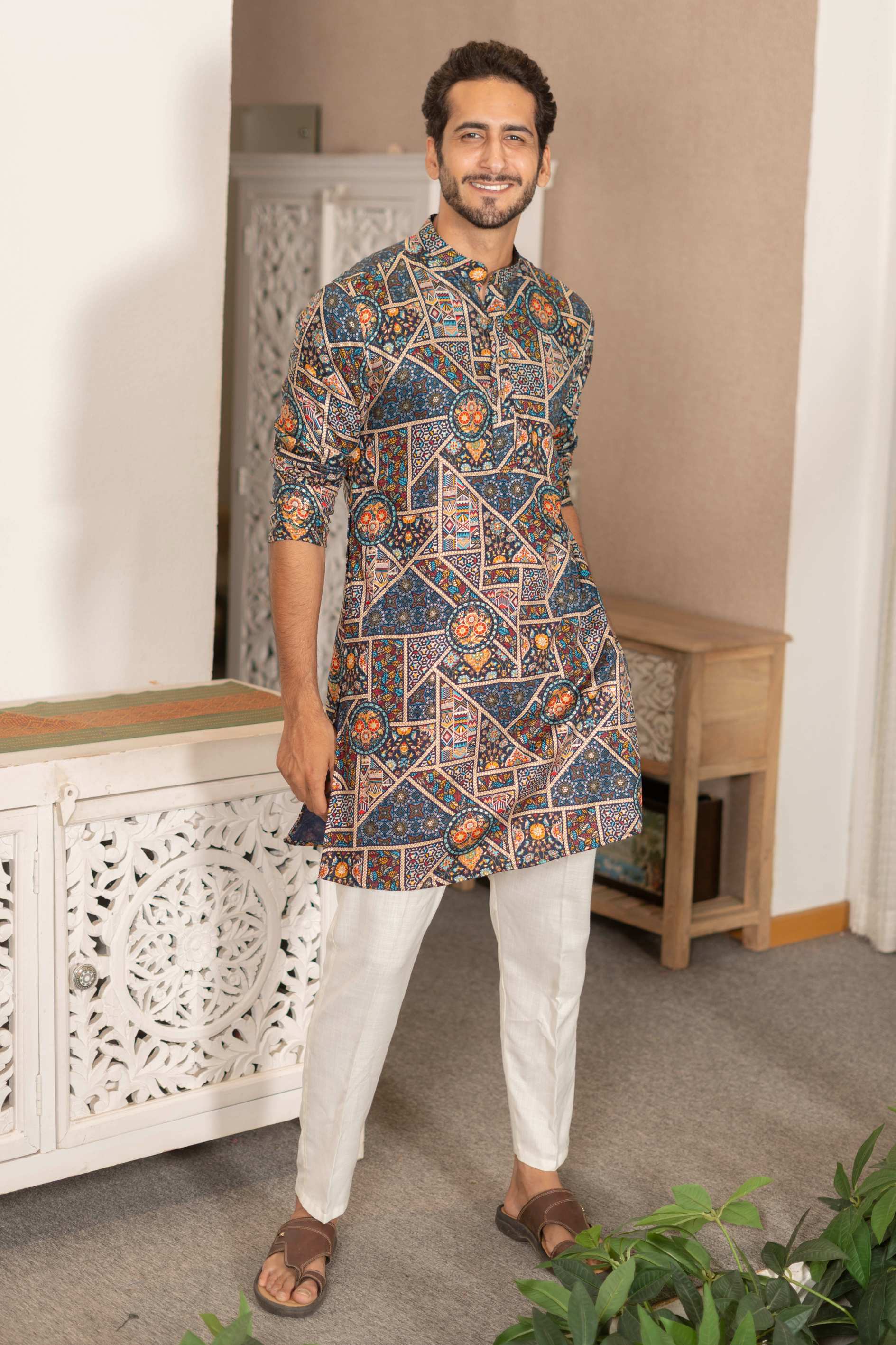 The Dark Navy Artisan Patchwork Foil Print Long Kurta