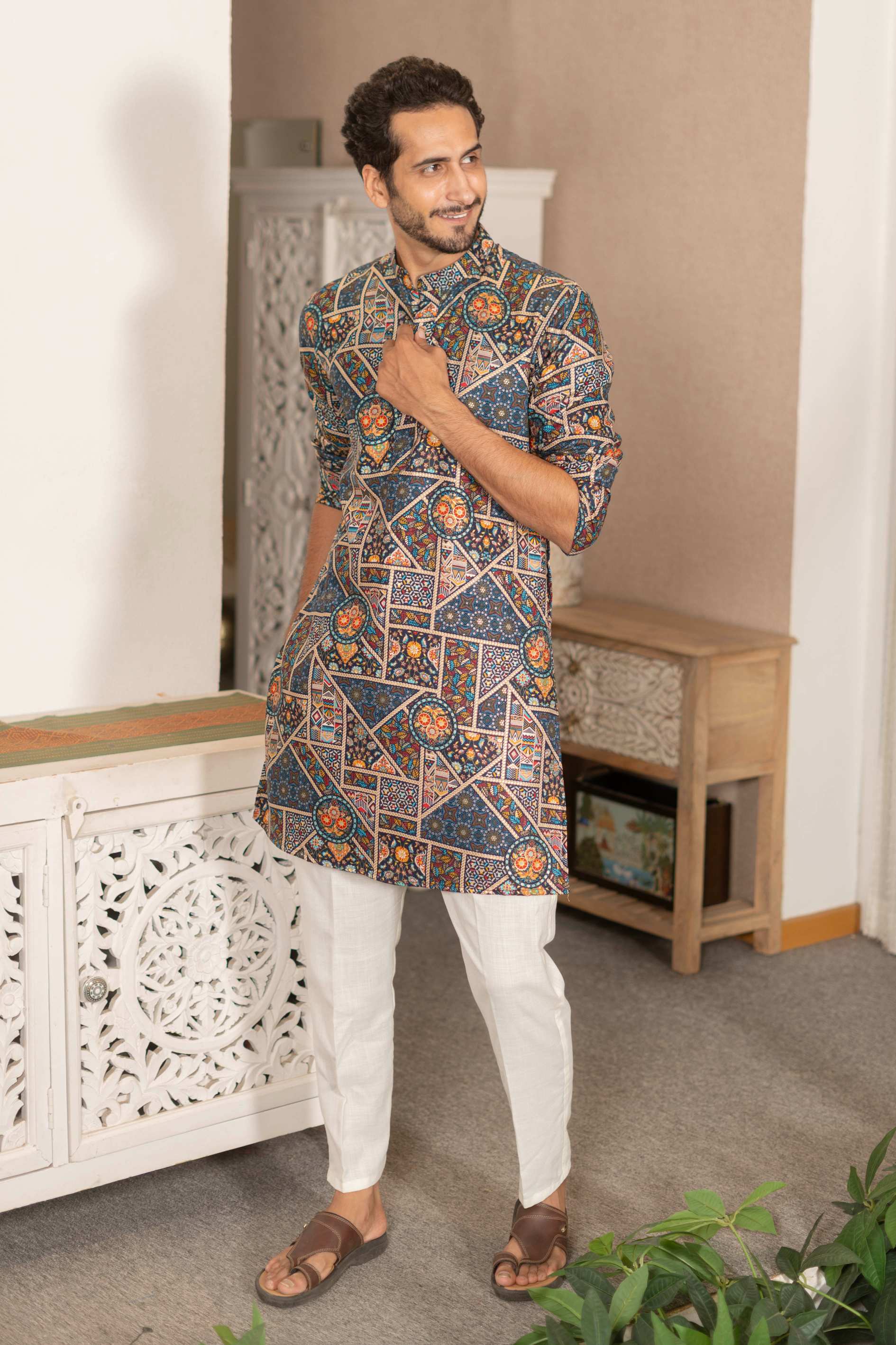 The Dark Navy Artisan Patchwork Foil Print Long Kurta