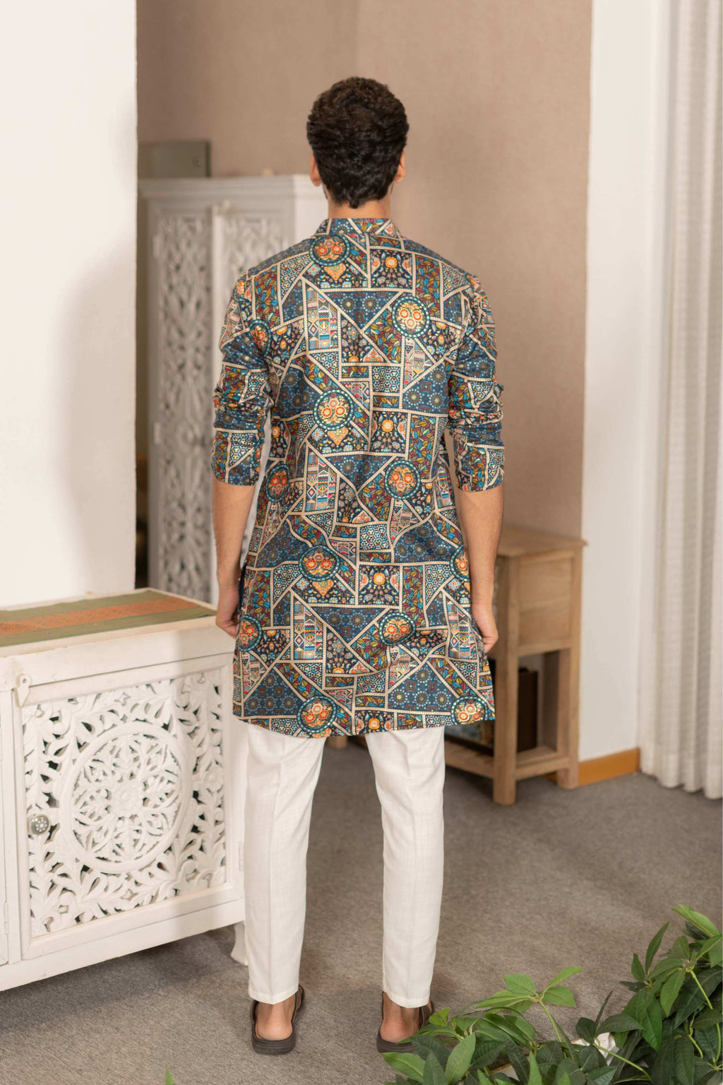 The Dark Navy Artisan Patchwork Foil Print Long Kurta