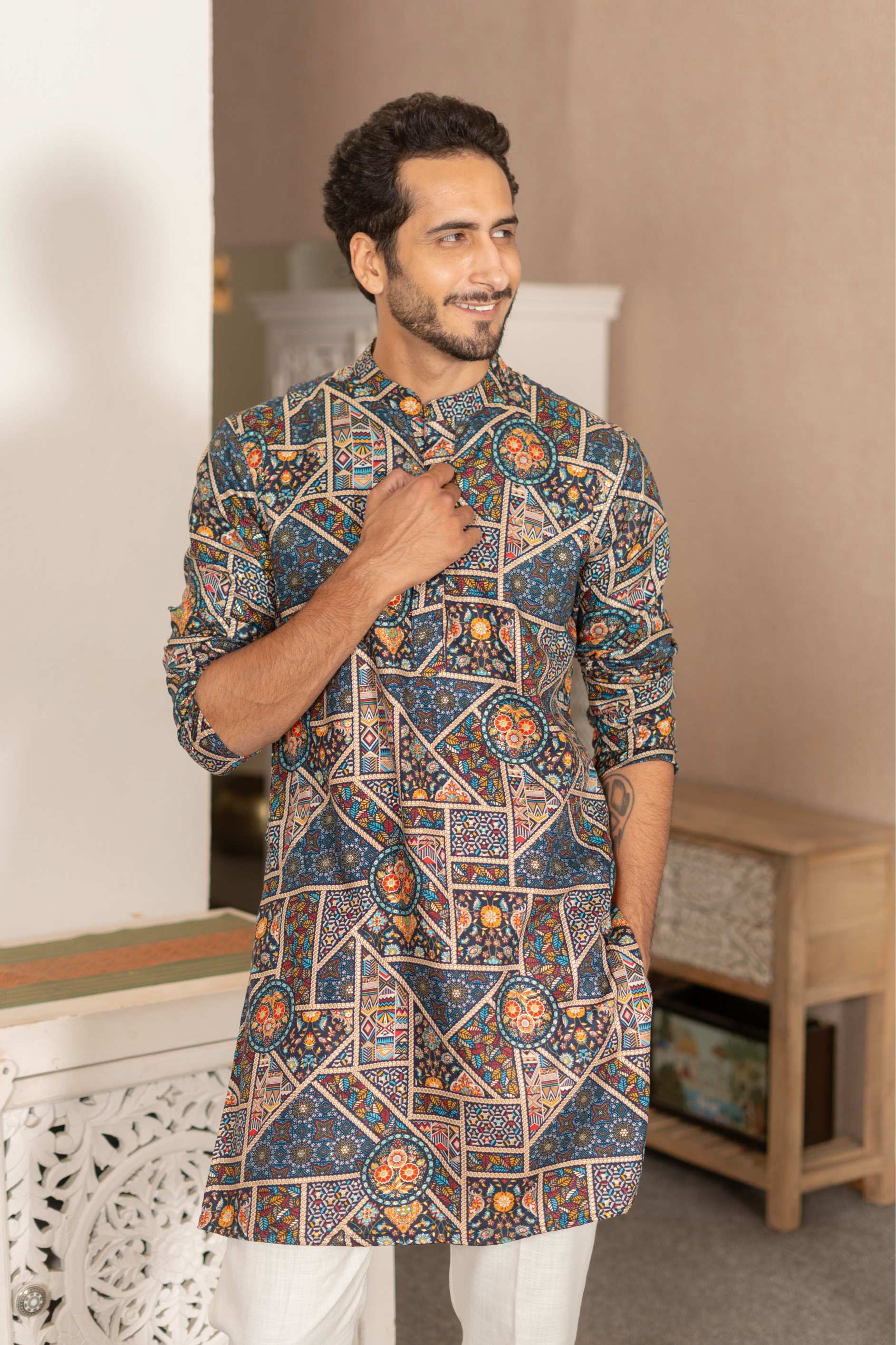 The Dark Navy Artisan Patchwork Foil Print Long Kurta
