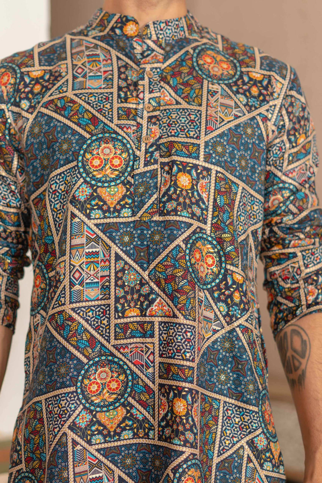The Dark Navy Artisan Patchwork Foil Print Long Kurta