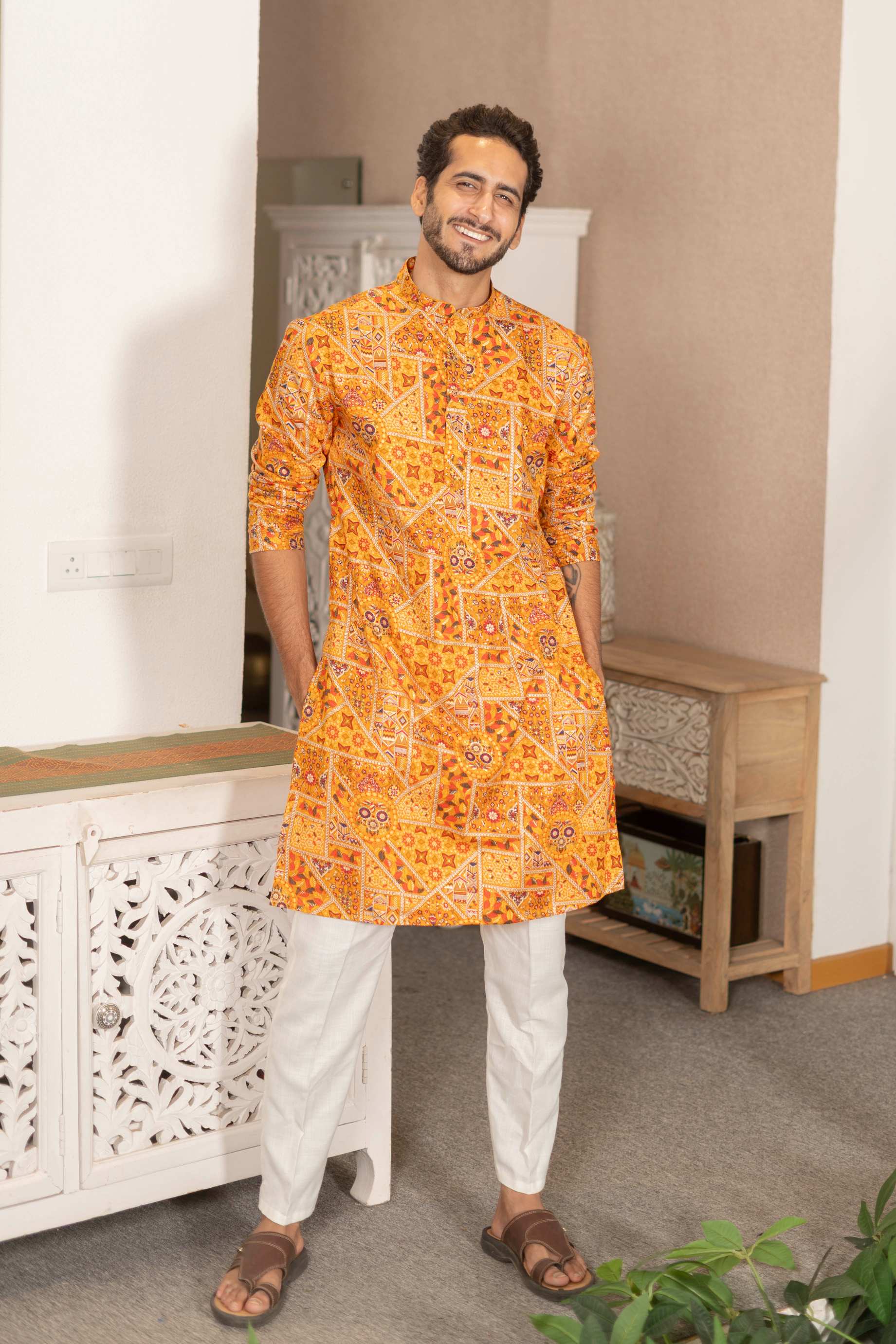 The Sunlit Yellow Artisan Patchwork Foil Print Long Kurta