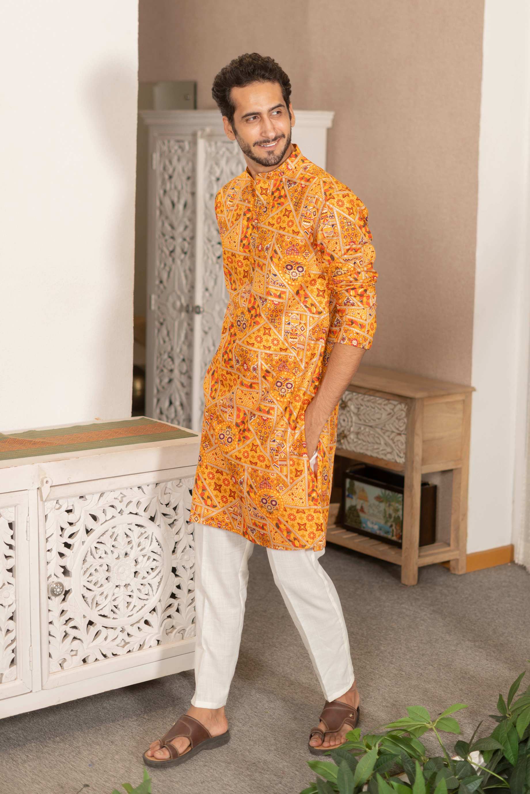 The Sunlit Yellow Artisan Patchwork Foil Print Long Kurta