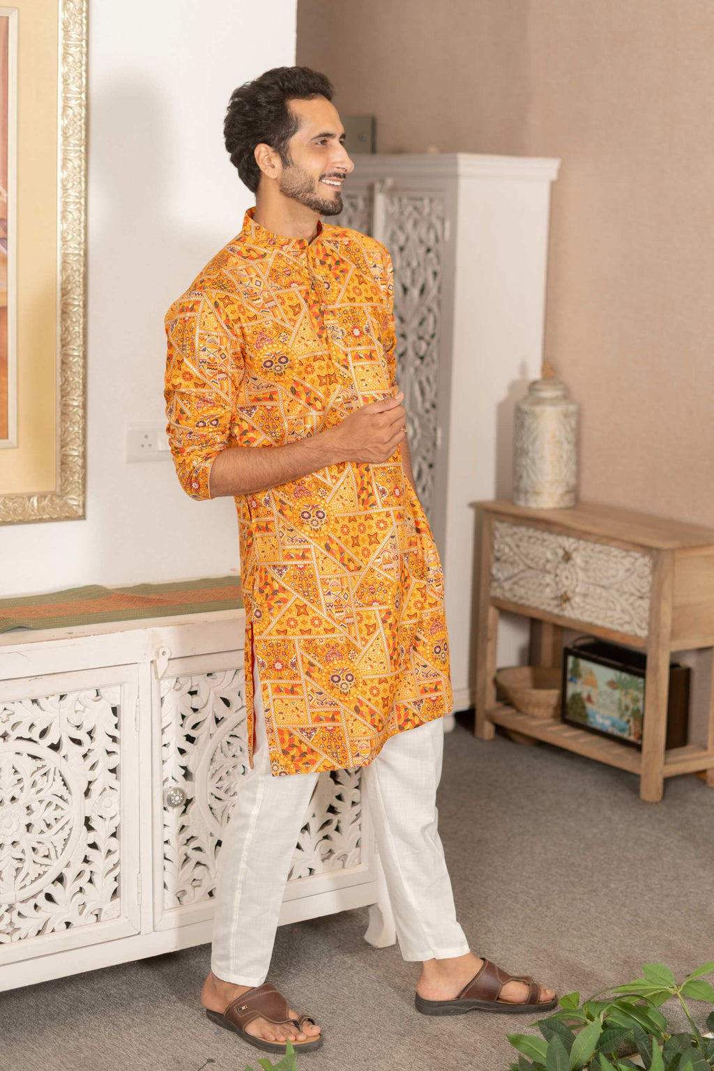 The Sunlit Yellow Artisan Patchwork Foil Print Long Kurta