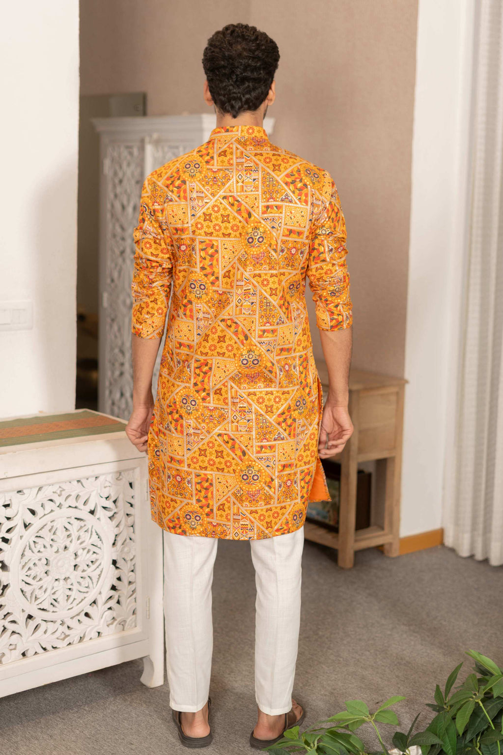 The Sunlit Yellow Artisan Patchwork Foil Print Long Kurta