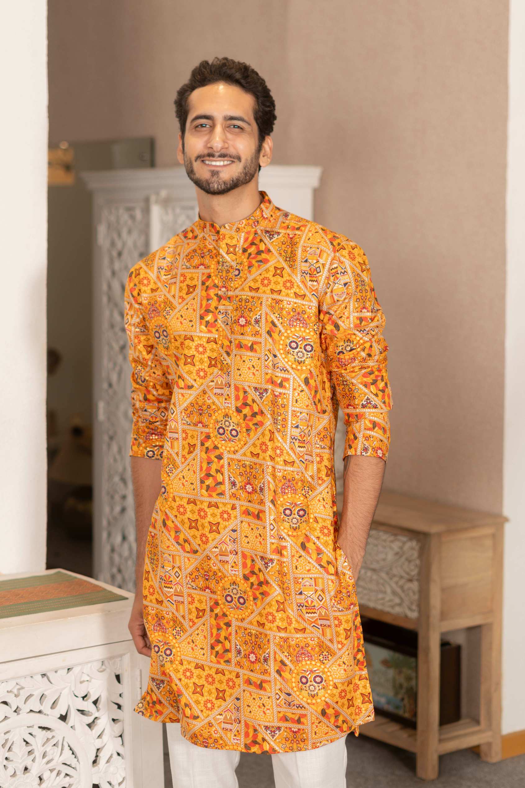 The Sunlit Yellow Artisan Patchwork Foil Print Long Kurta