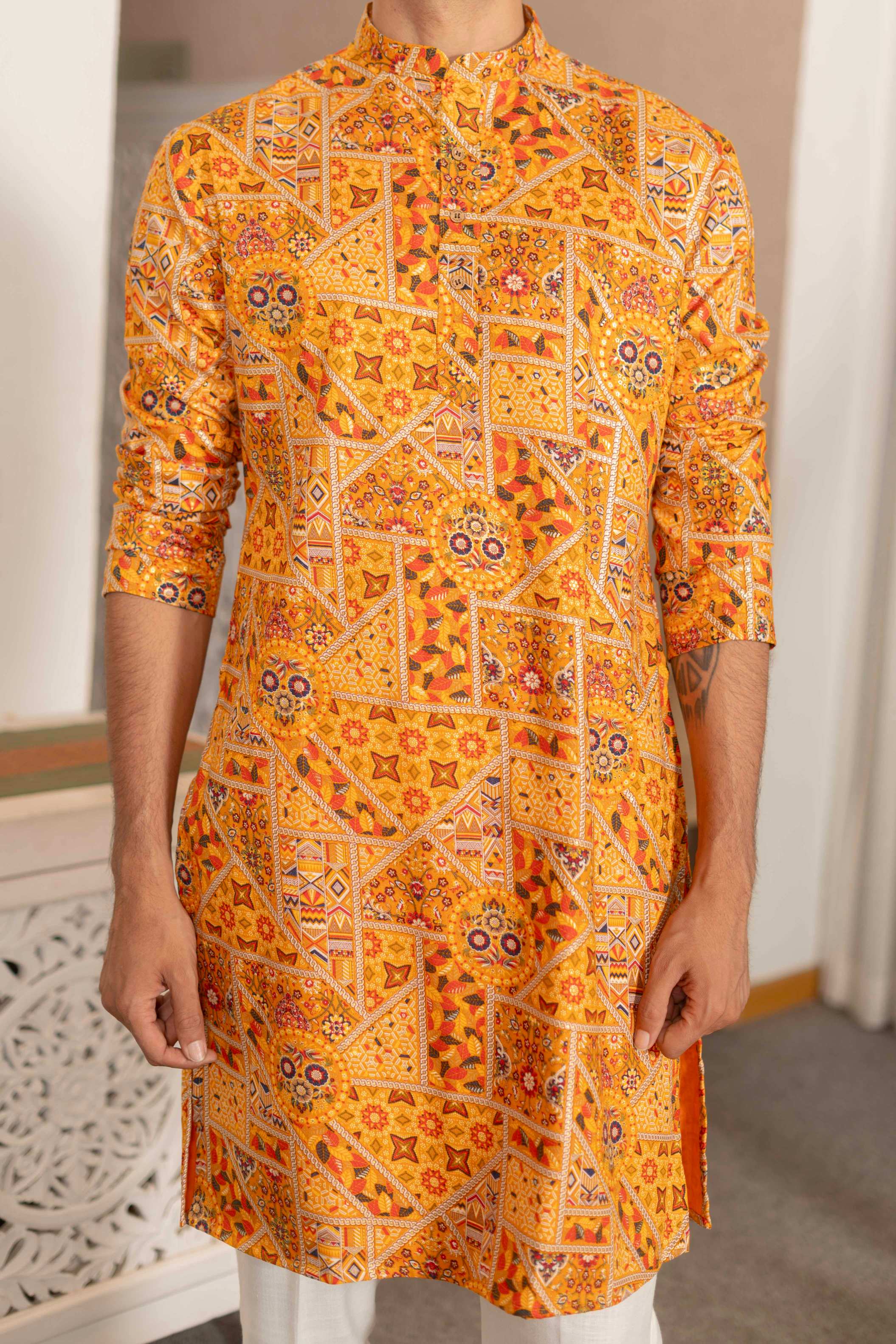 The Sunlit Yellow Artisan Patchwork Foil Print Long Kurta