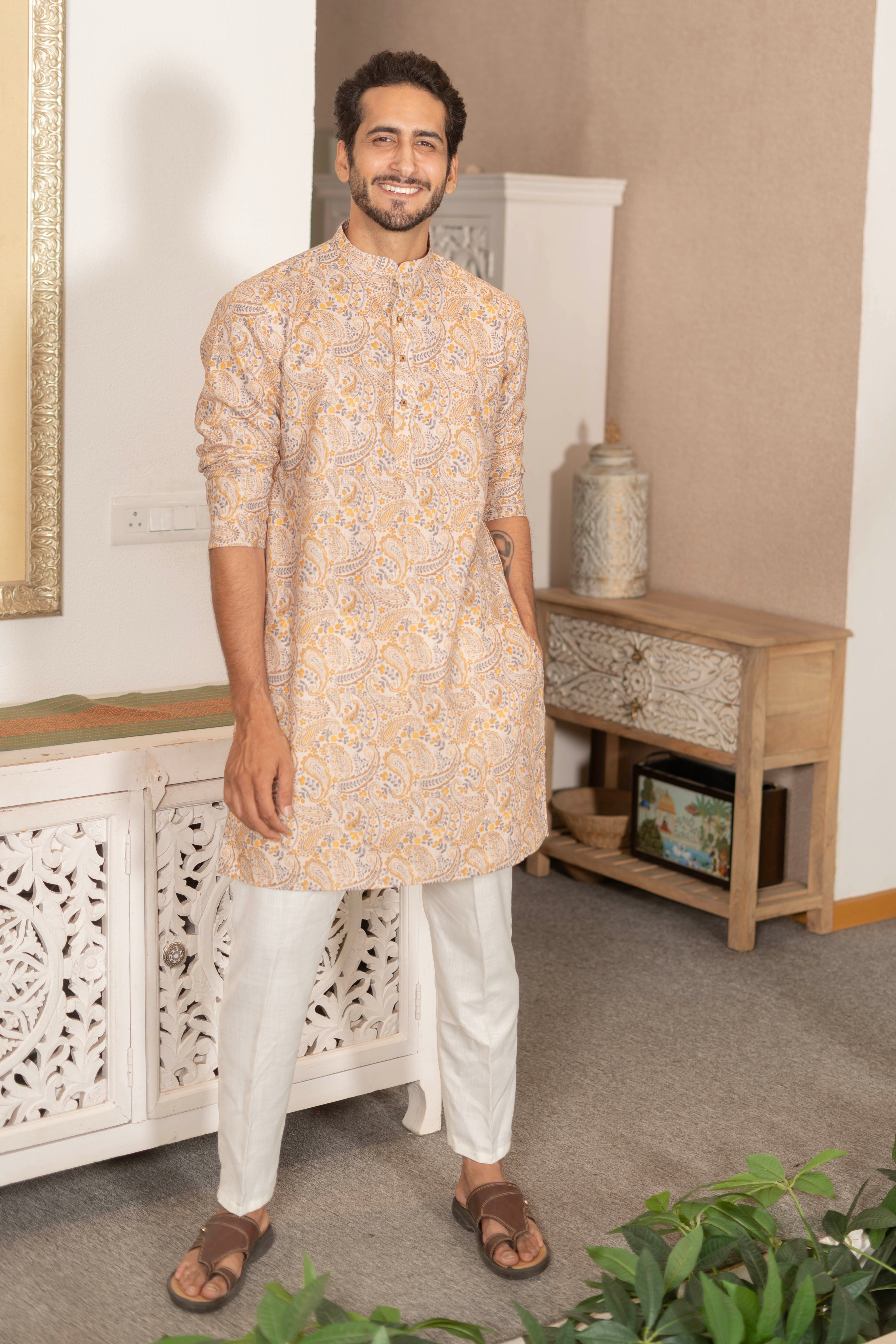 The Mustard Paisley Print Linen Blend Long Kurta