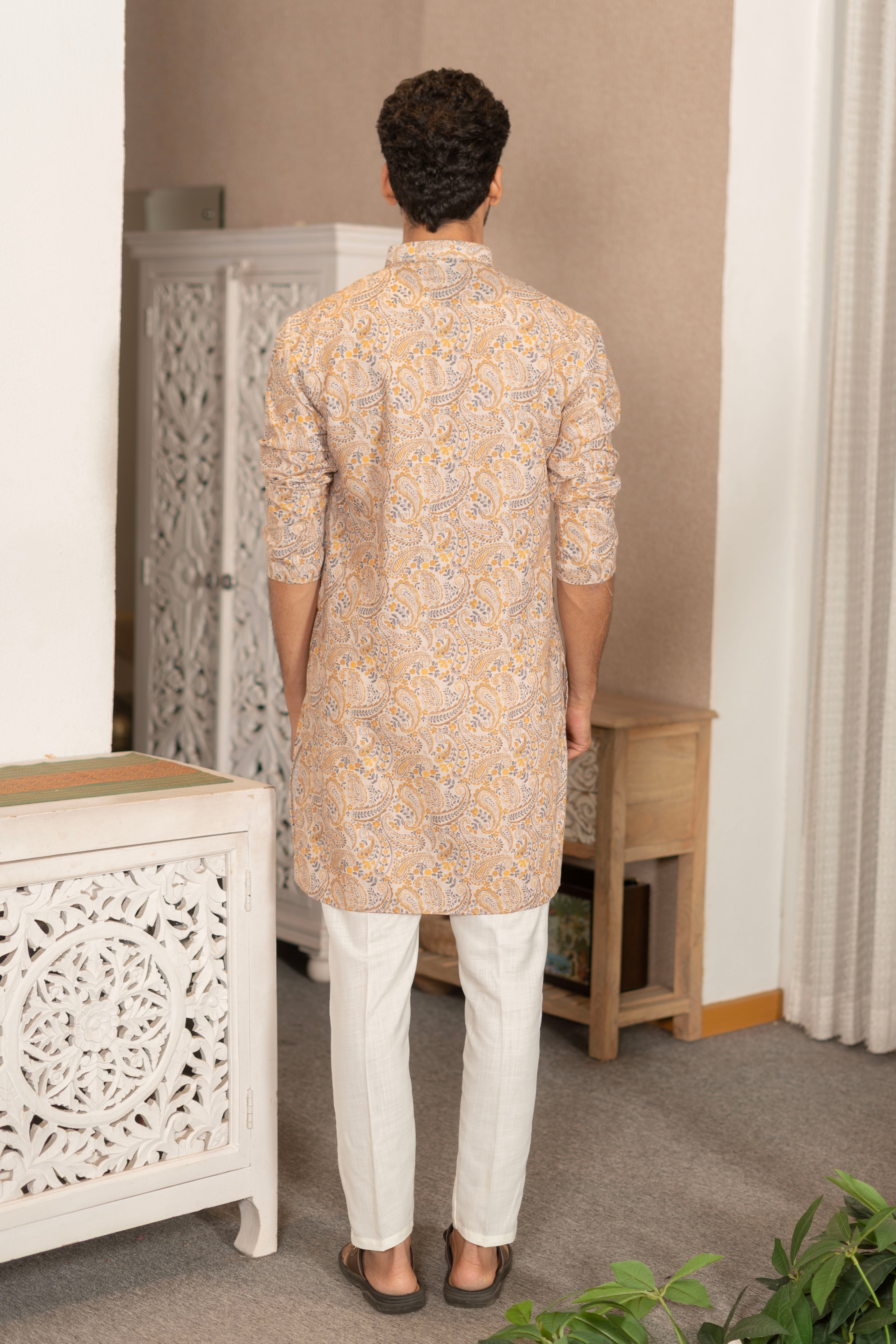 The Mustard Paisley Print Linen Blend Long Kurta