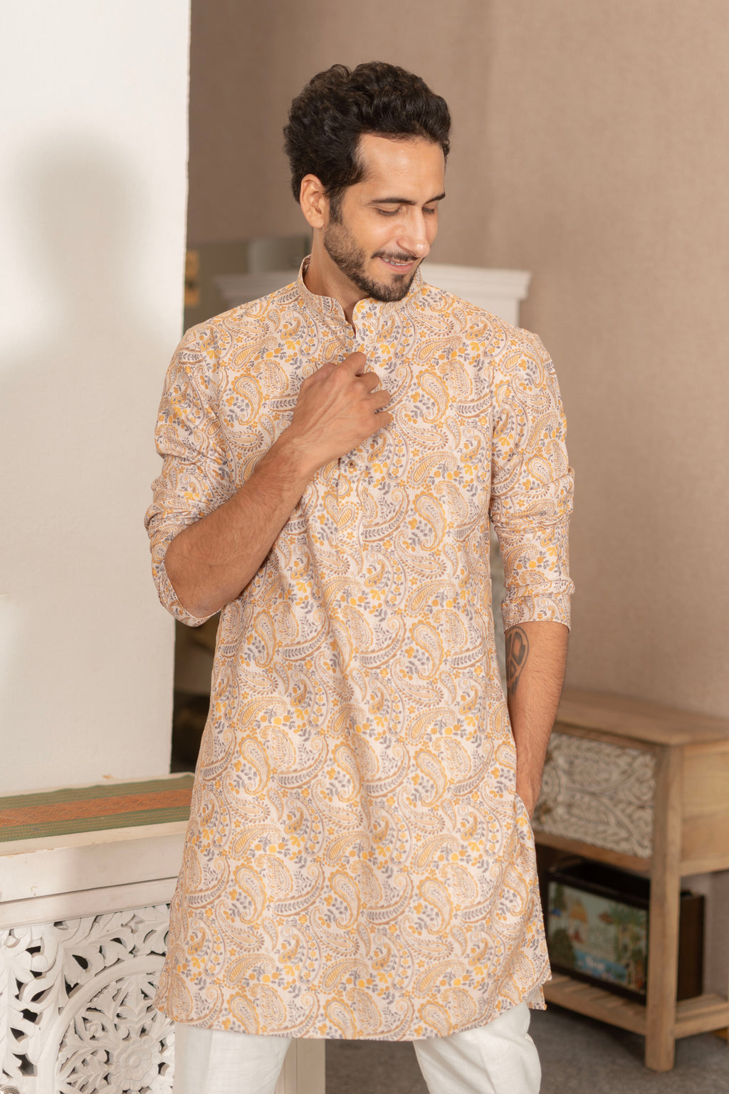 The Mustard Paisley Print Linen Blend Long Kurta