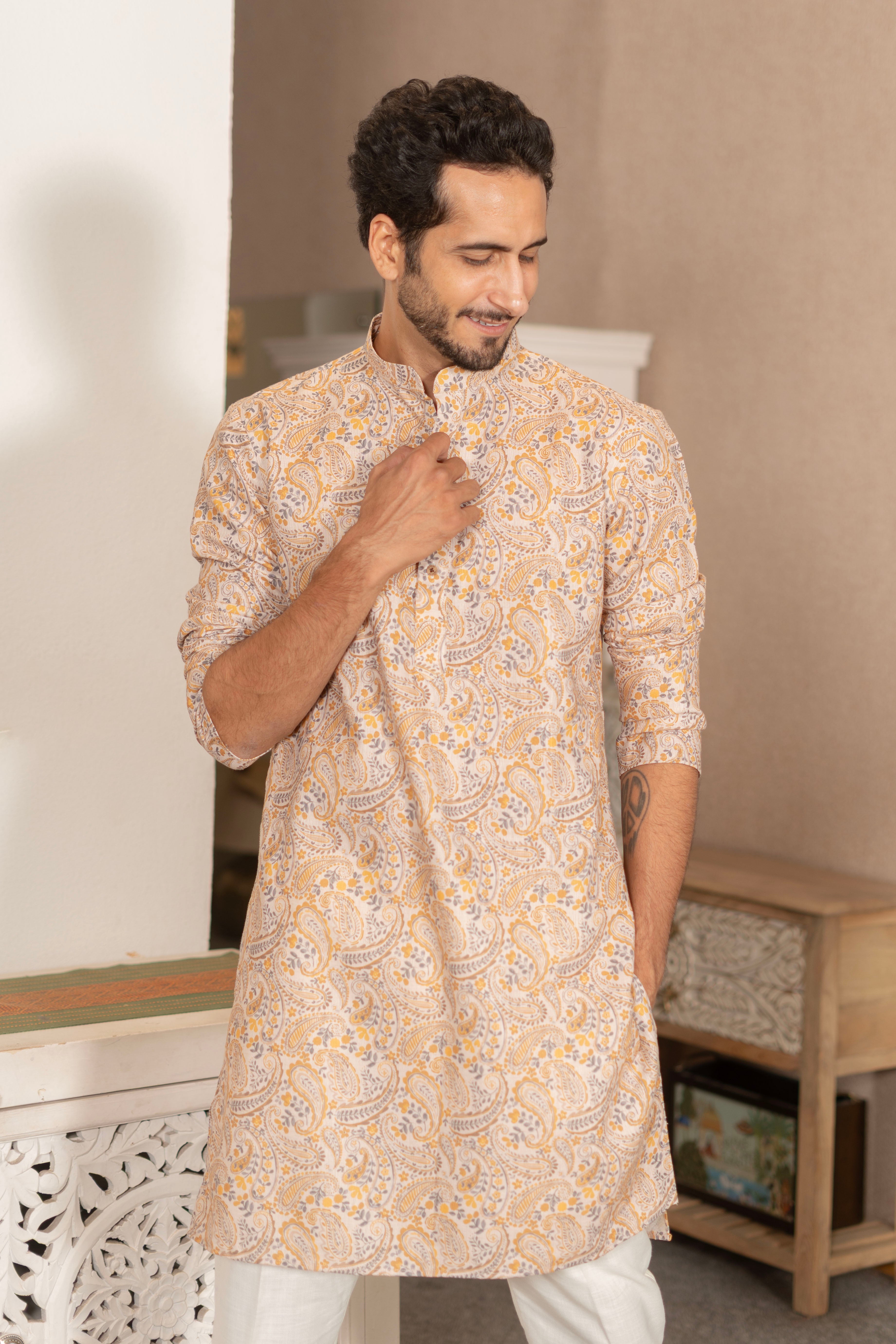 The Mustard Paisley Print Linen Blend Long Kurta