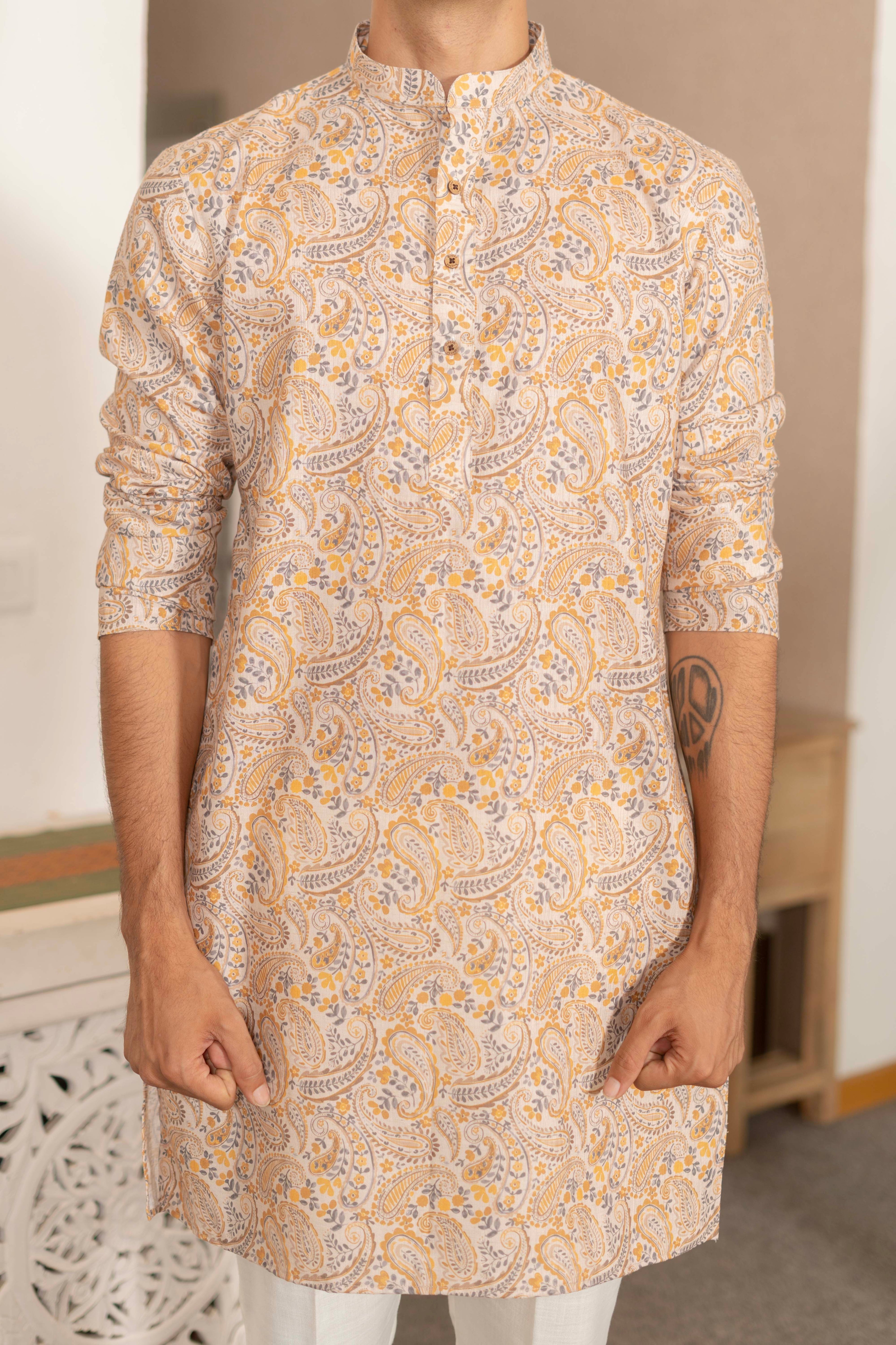 The Mustard Paisley Print Linen Blend Long Kurta