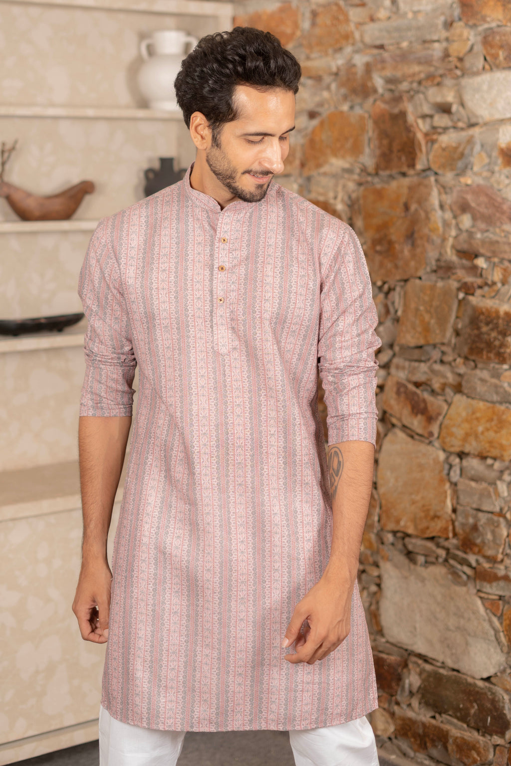 The Dusty Rose Folk Motif Stripe Linen Blend Long Kurta