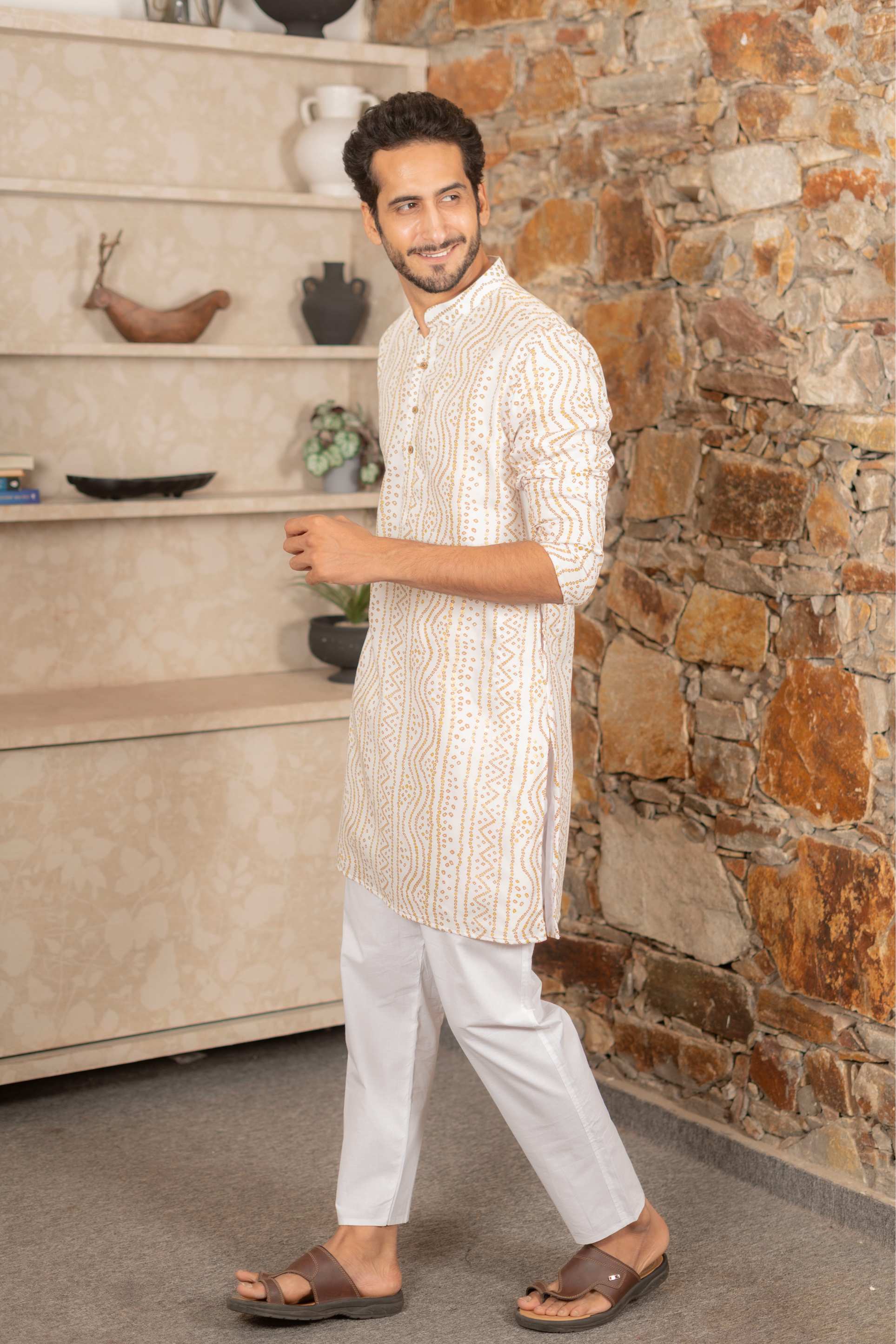 The White Long Kurta With Bandhani Gold Foil Print