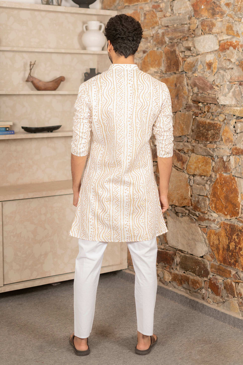 The White Long Kurta With Bandhani Gold Foil Print