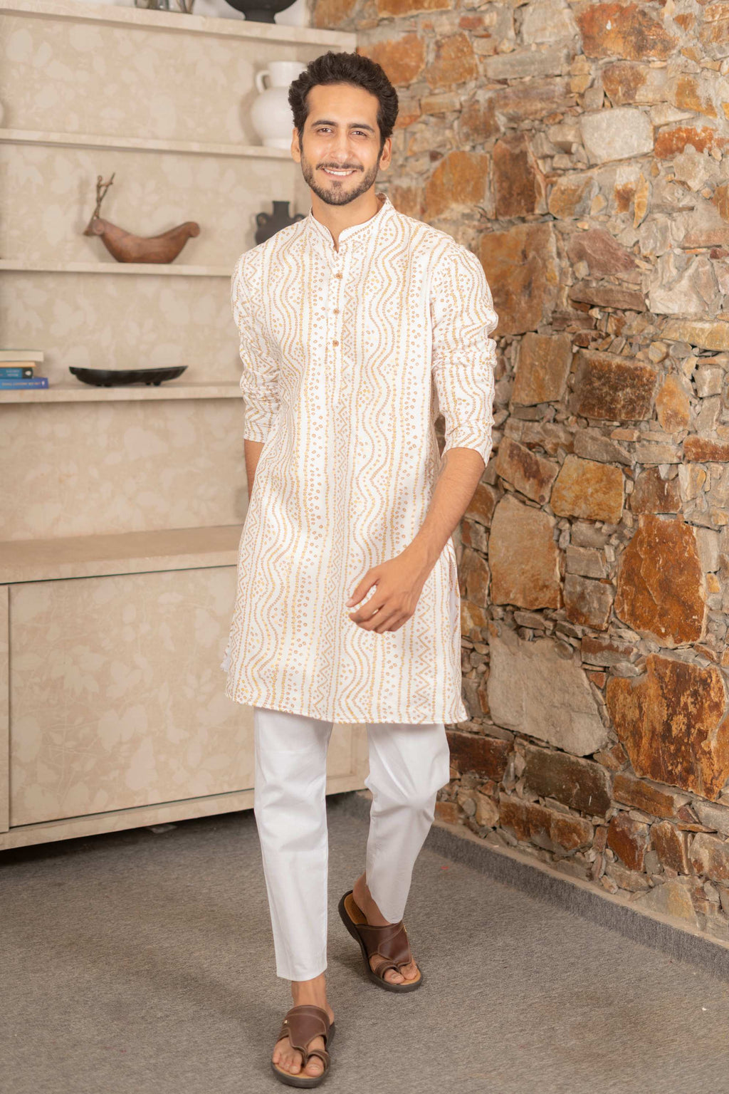 The White Long Kurta With Bandhani Gold Foil Print