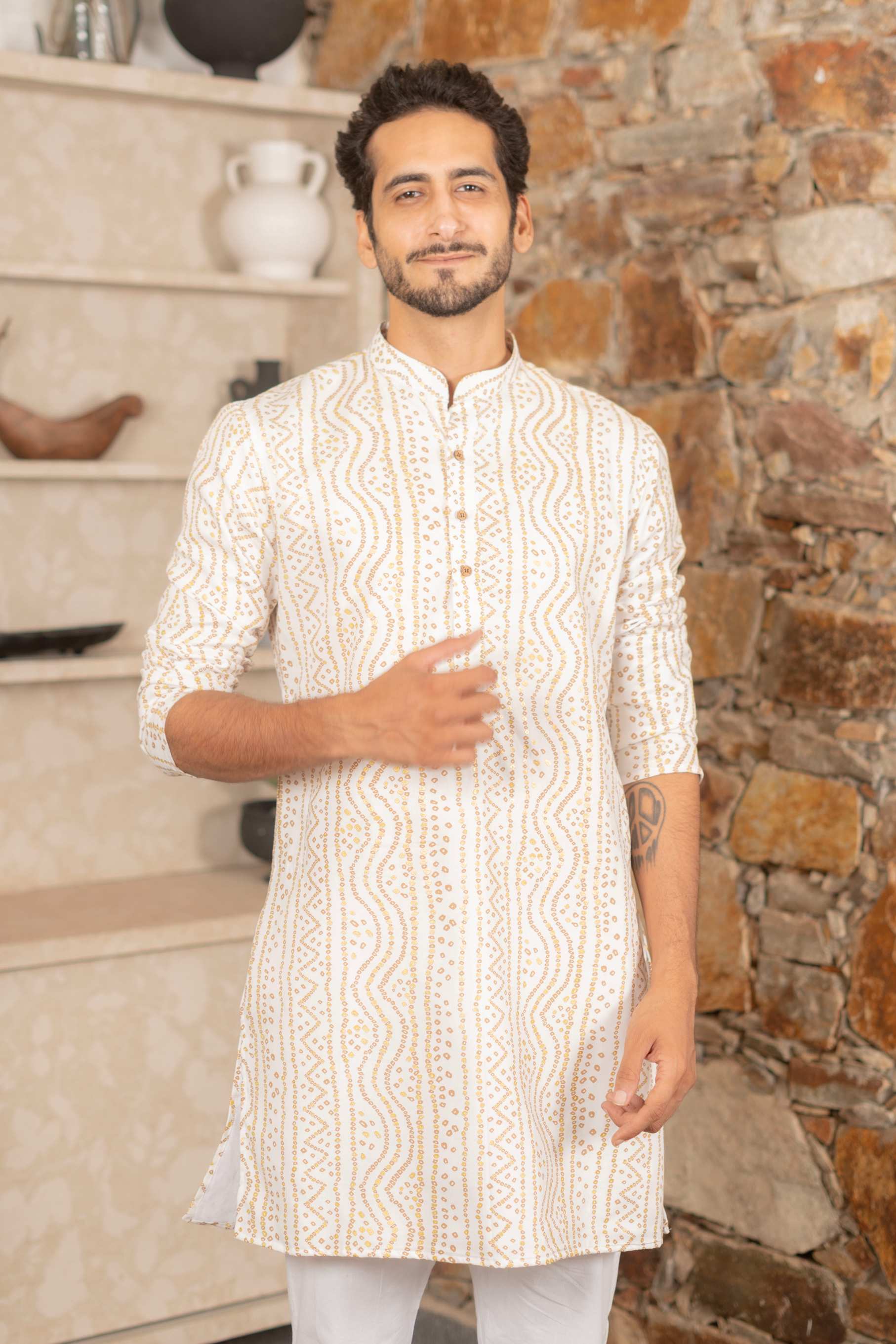 The White Long Kurta With Bandhani Gold Foil Print