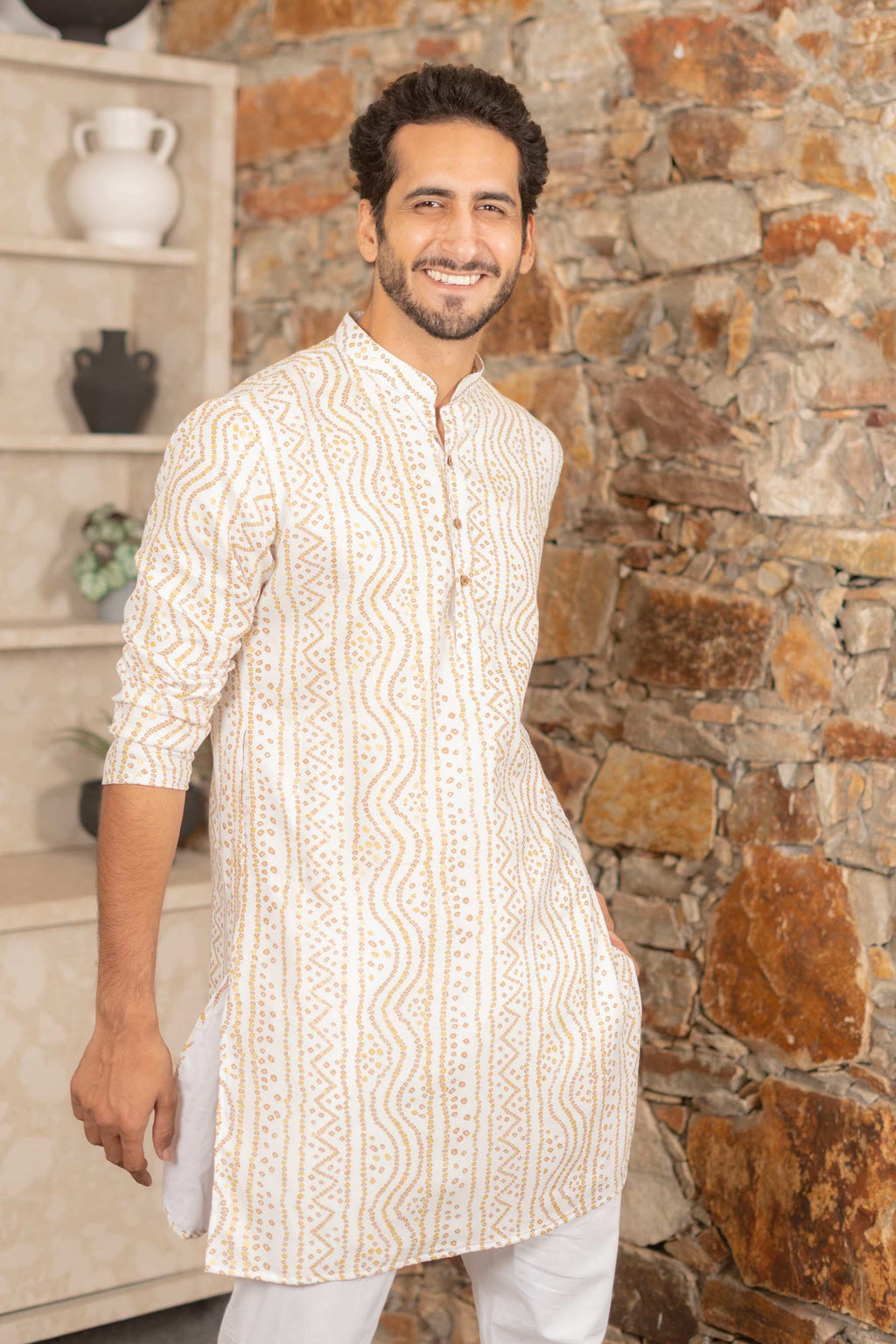 The White Long Kurta With Bandhani Gold Foil Print