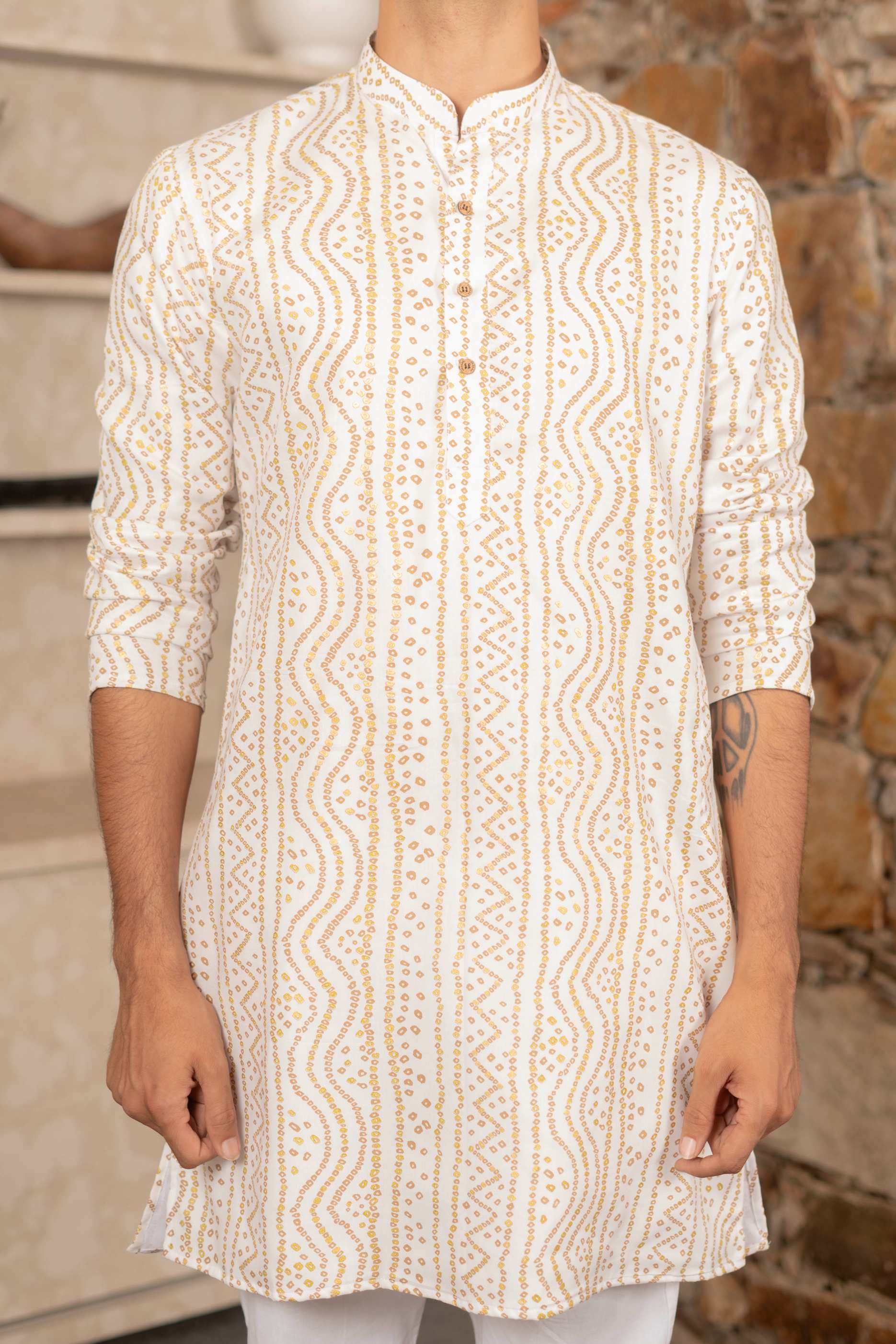 The White Long Kurta With Bandhani Gold Foil Print