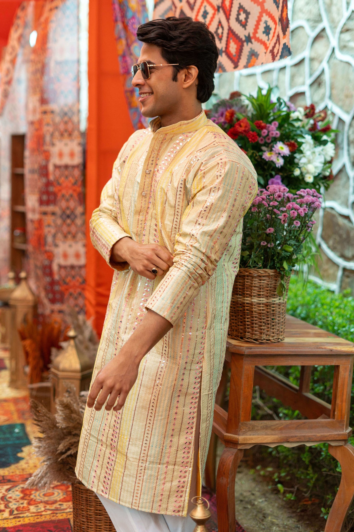 The Rainbow Stripes Long Kurta With Embroidery And Sequins Work