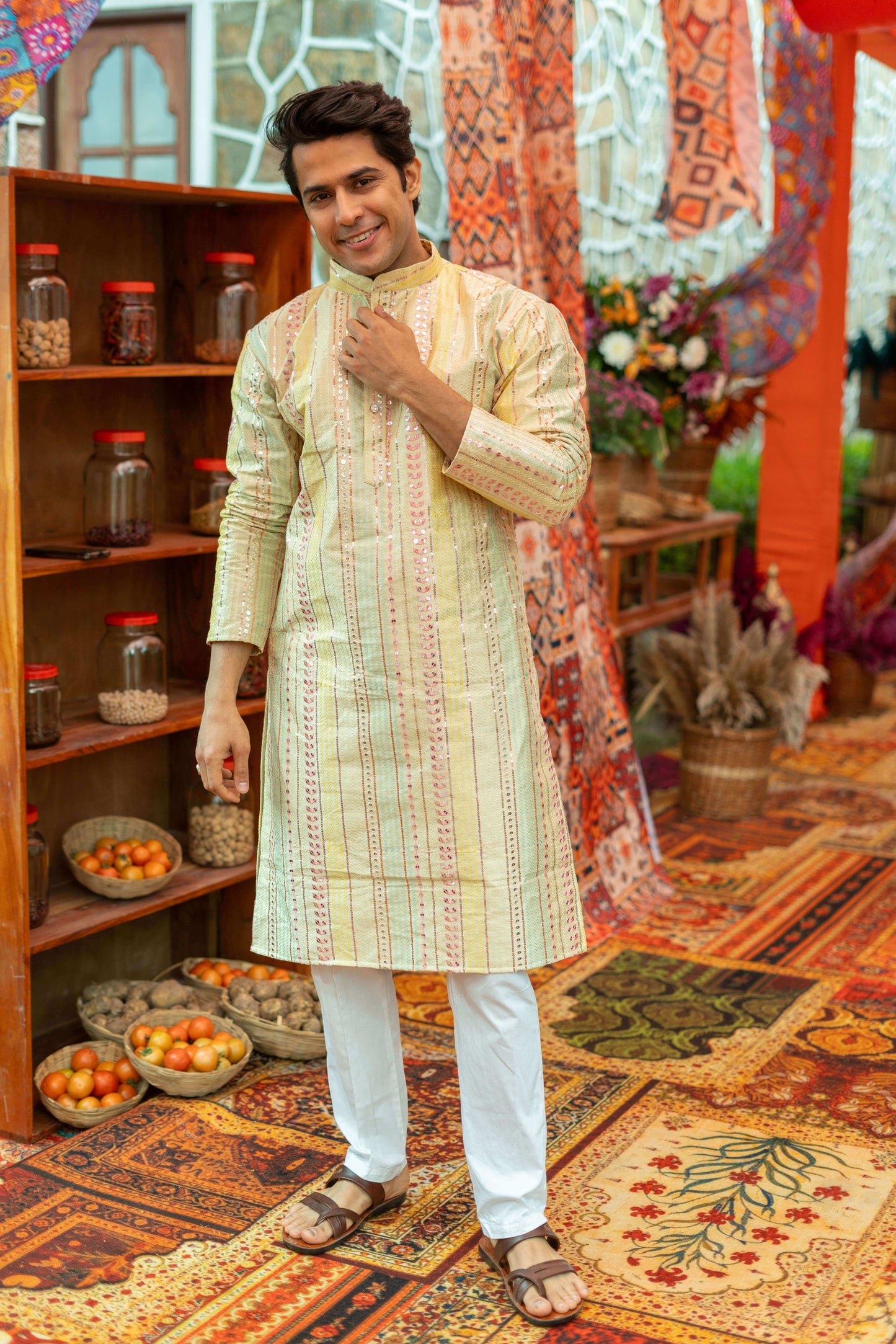 The Rainbow Stripes Long Kurta With Embroidery And Sequins Work
