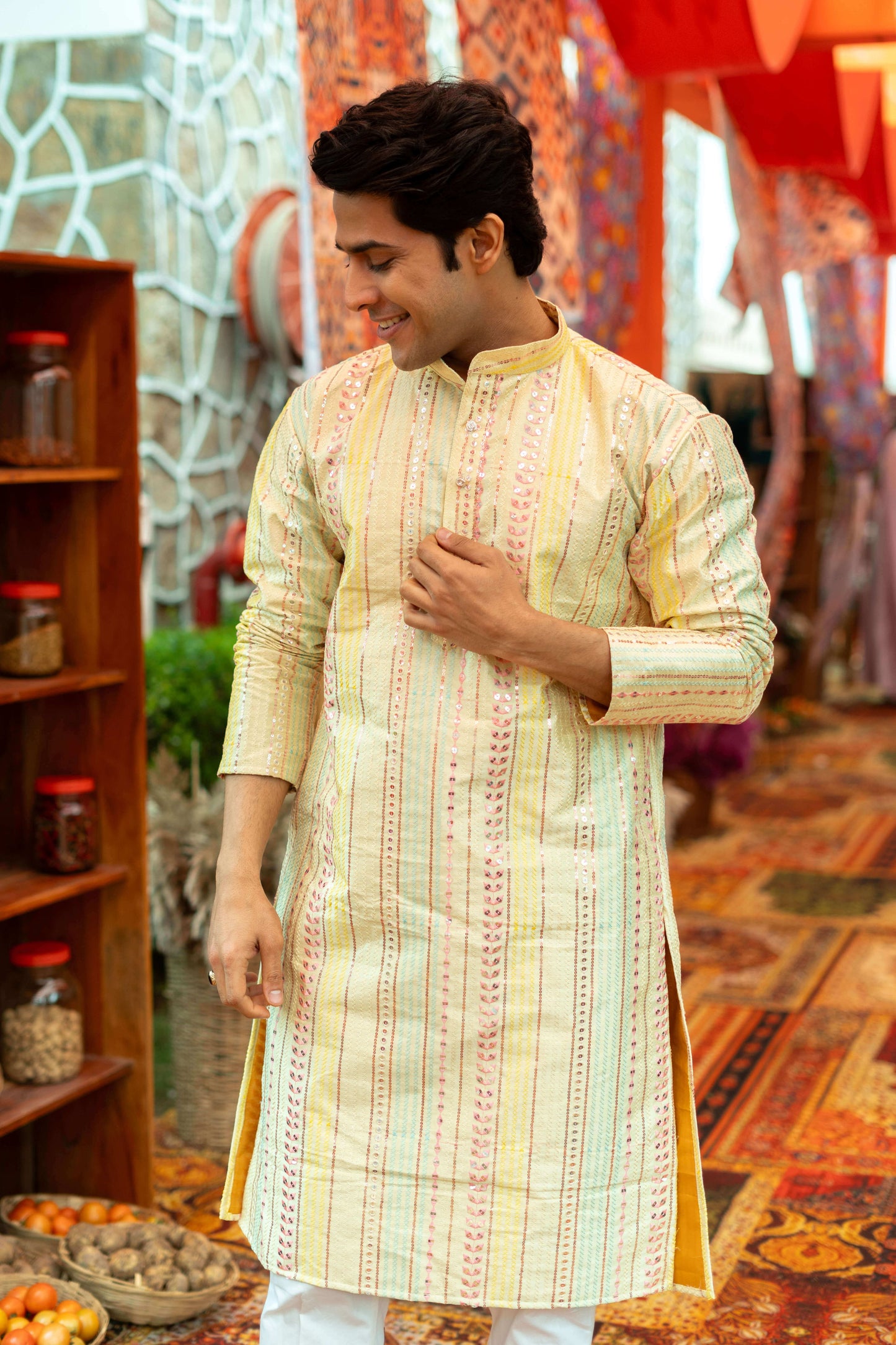 The Rainbow Stripes Long Kurta With Embroidery And Sequins Work