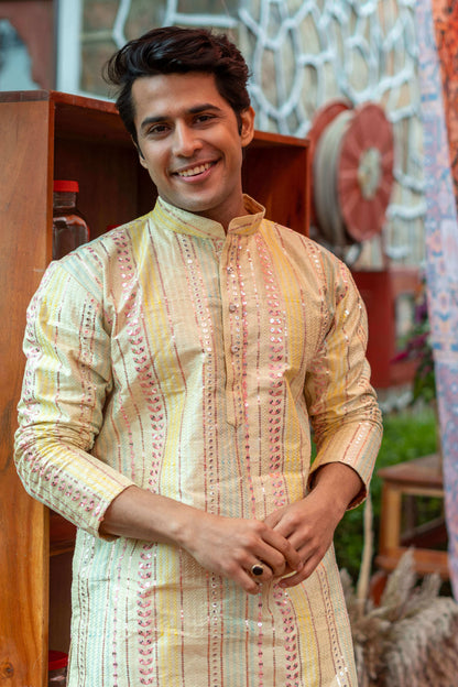 The Rainbow Stripes Long Kurta With Embroidery And Sequins Work