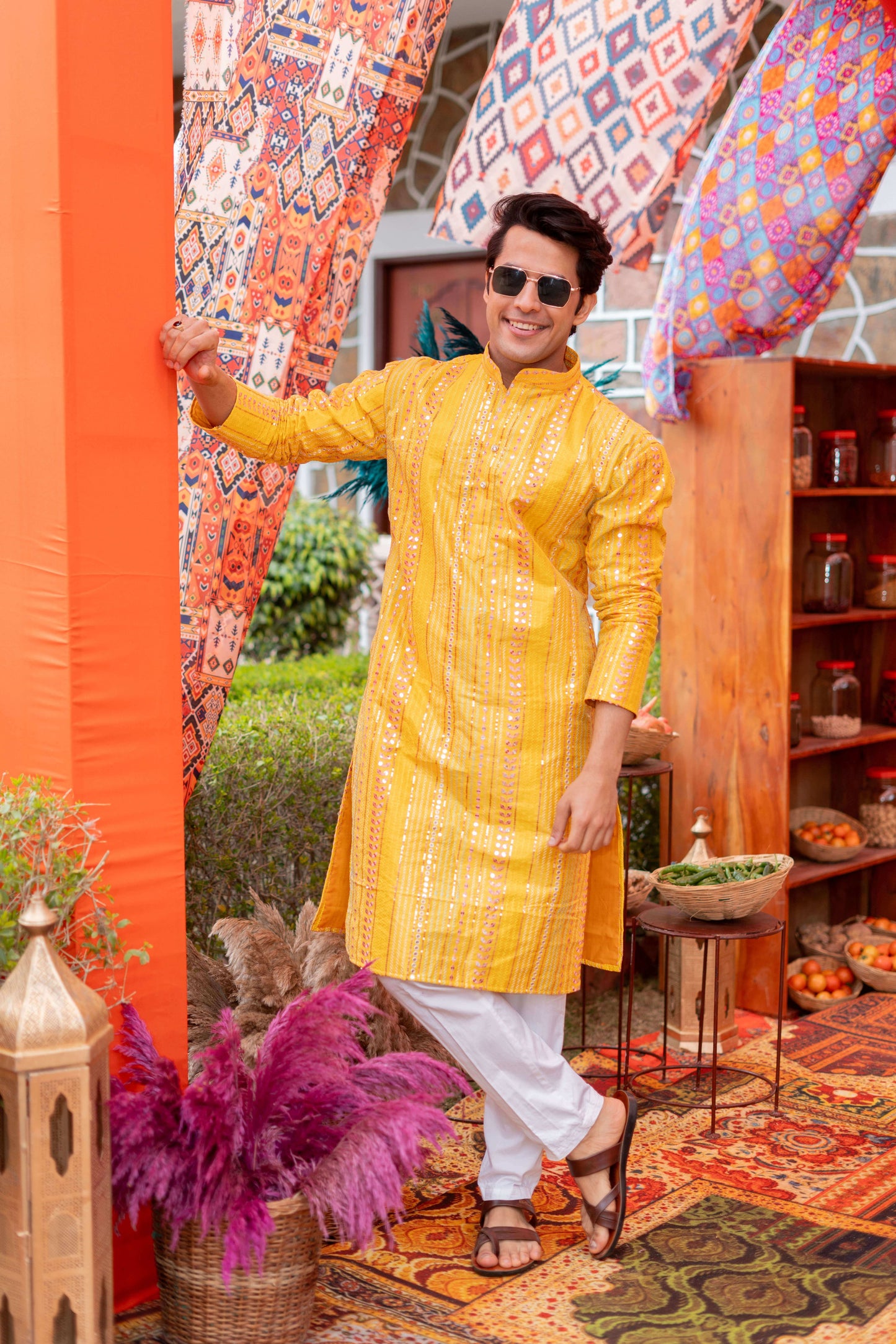 The Dazzling Yellow Long Kurta With Mirror Work And Embroidery