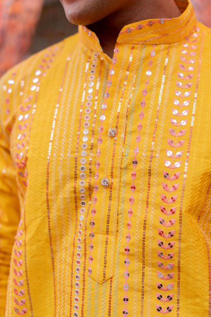 The Dazzling Yellow Long Kurta With Mirror Work And Embroidery