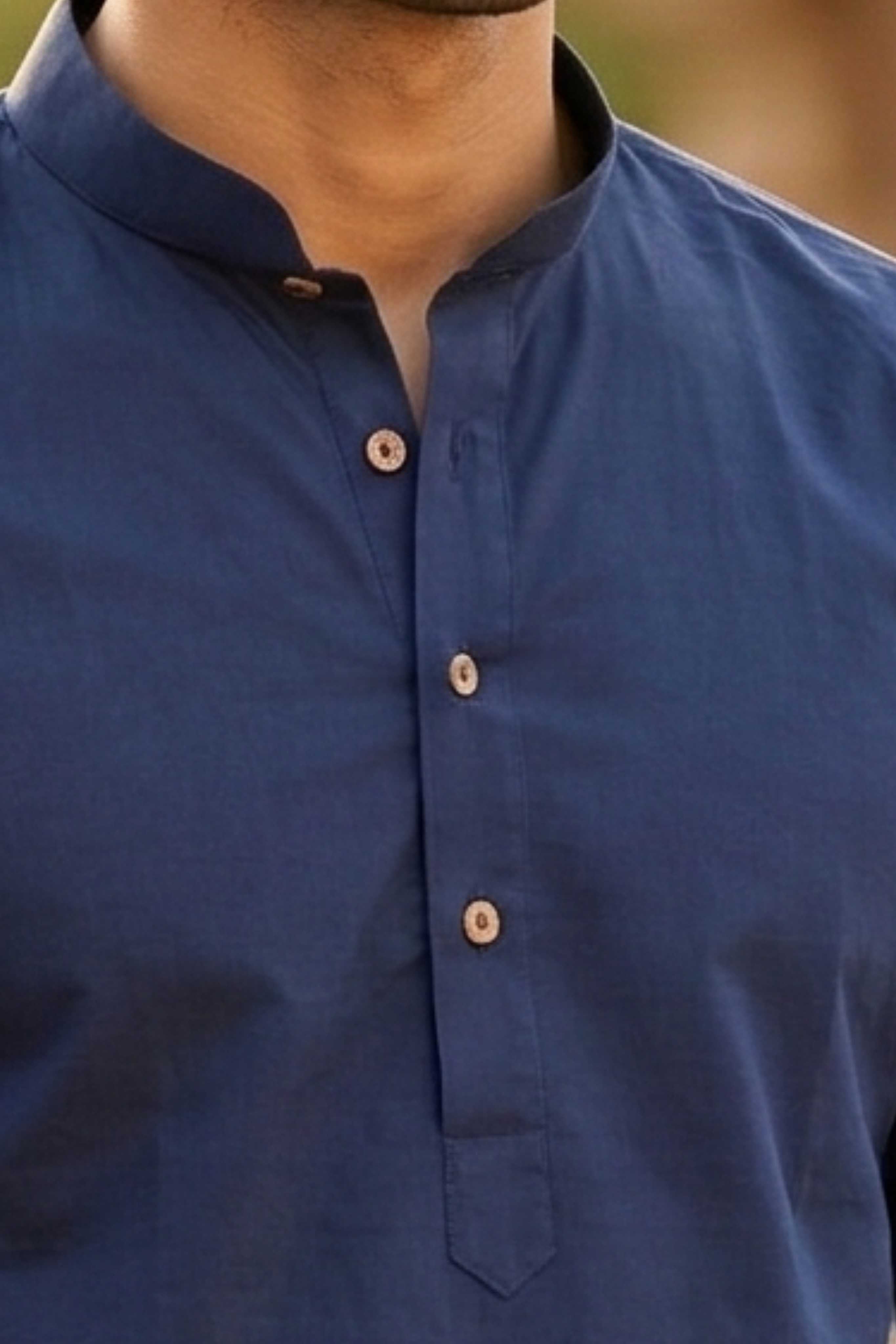 The Navy Blue Cotton Short Kurta With Buttoned Cuffs