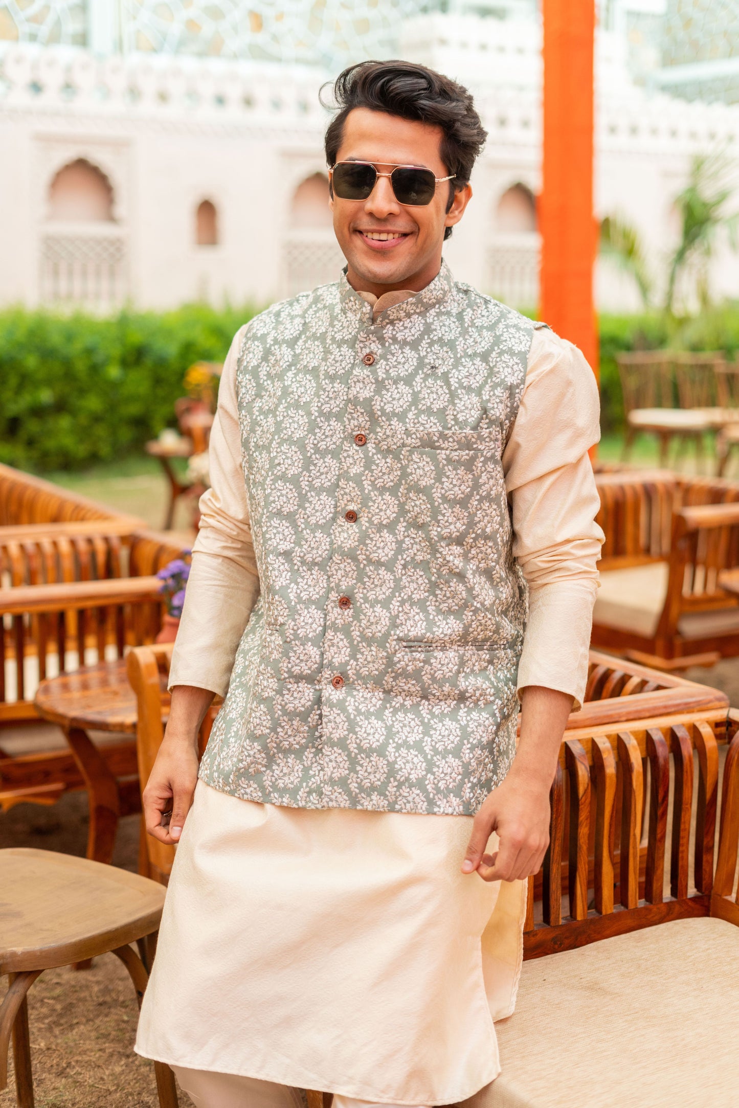 The Off-White Long Kurta With Neo Mint Floral Embroidery Work Nehru Jacket