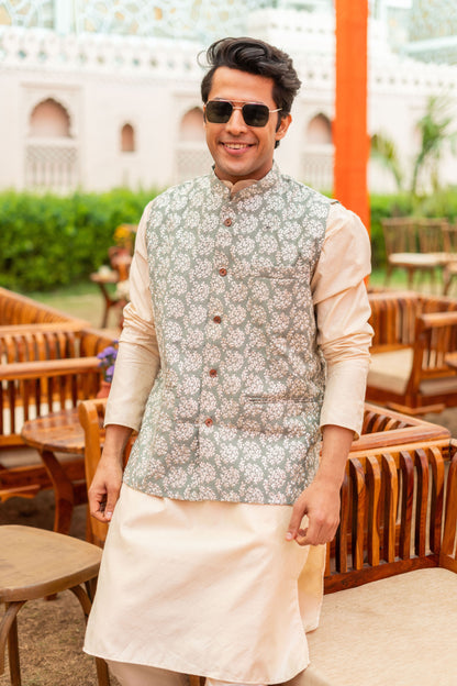 The Off-White Long Kurta With Neo Mint Floral Embroidery Work Nehru Jacket