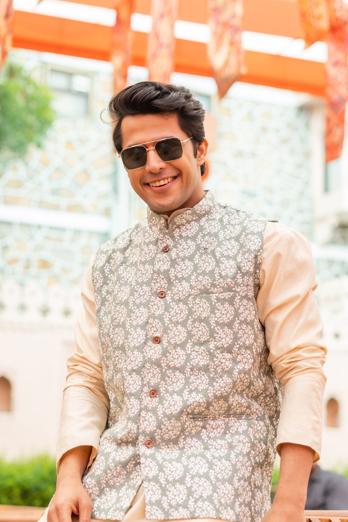 The Off-White Long Kurta With Neo Mint Floral Embroidery Work Nehru Jacket