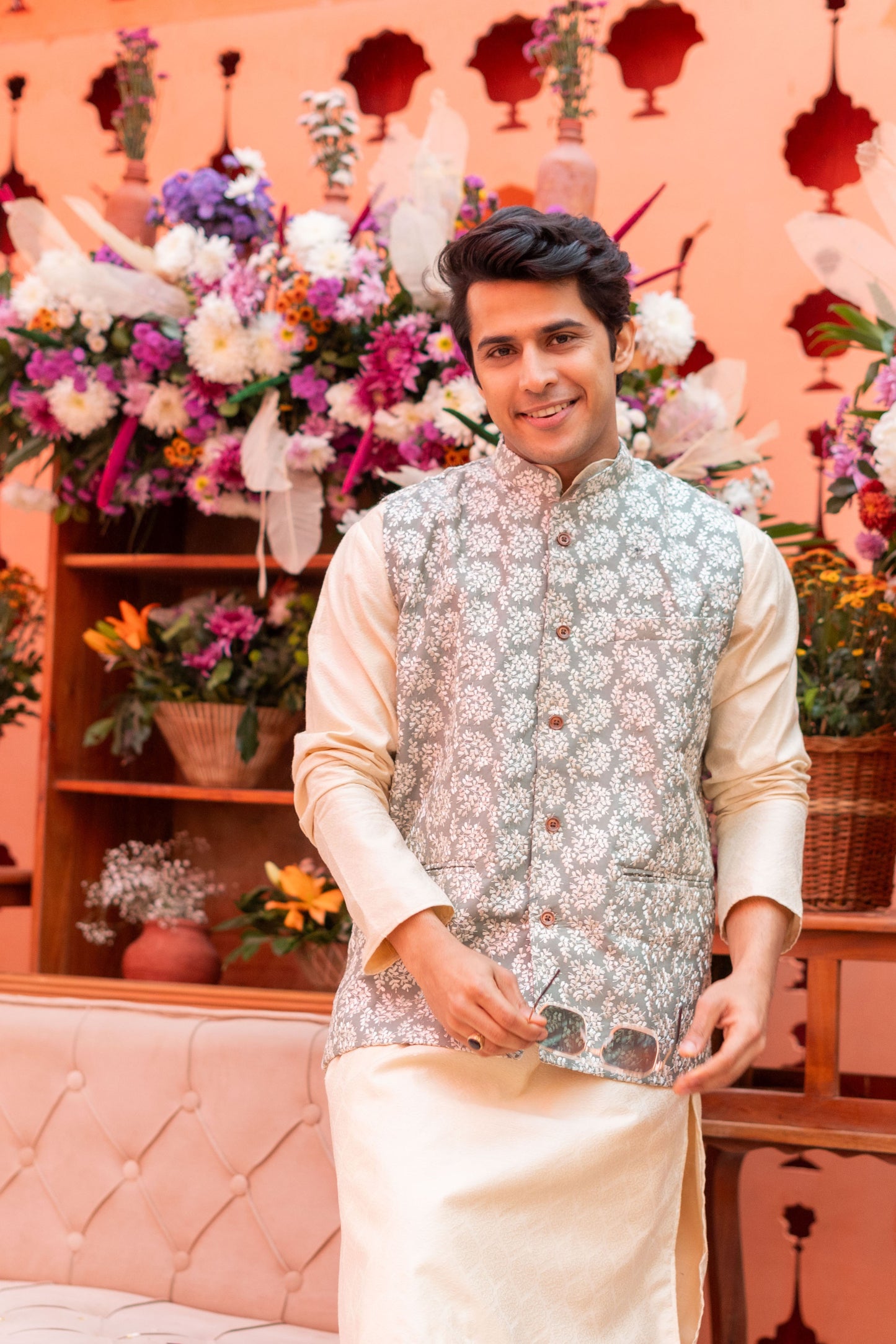 The Off-White Long Kurta With Neo Mint Floral Embroidery Work Nehru Jacket