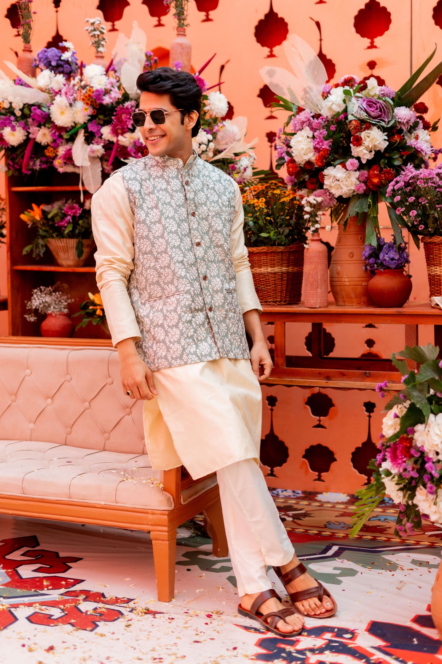 The Off-White Long Kurta With Neo Mint Floral Embroidery Work Nehru Jacket