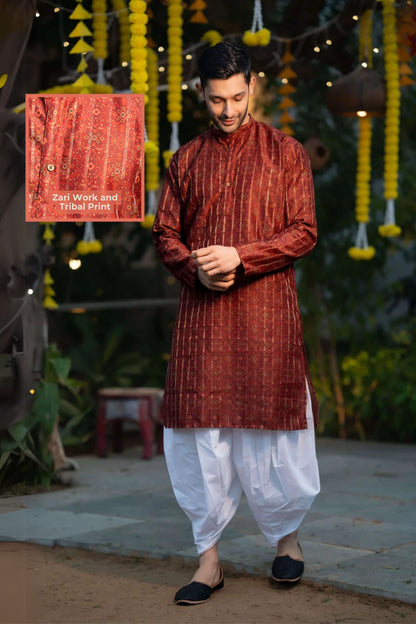 The Rusty Red Long Kurta With Zari Work And Tribal Print