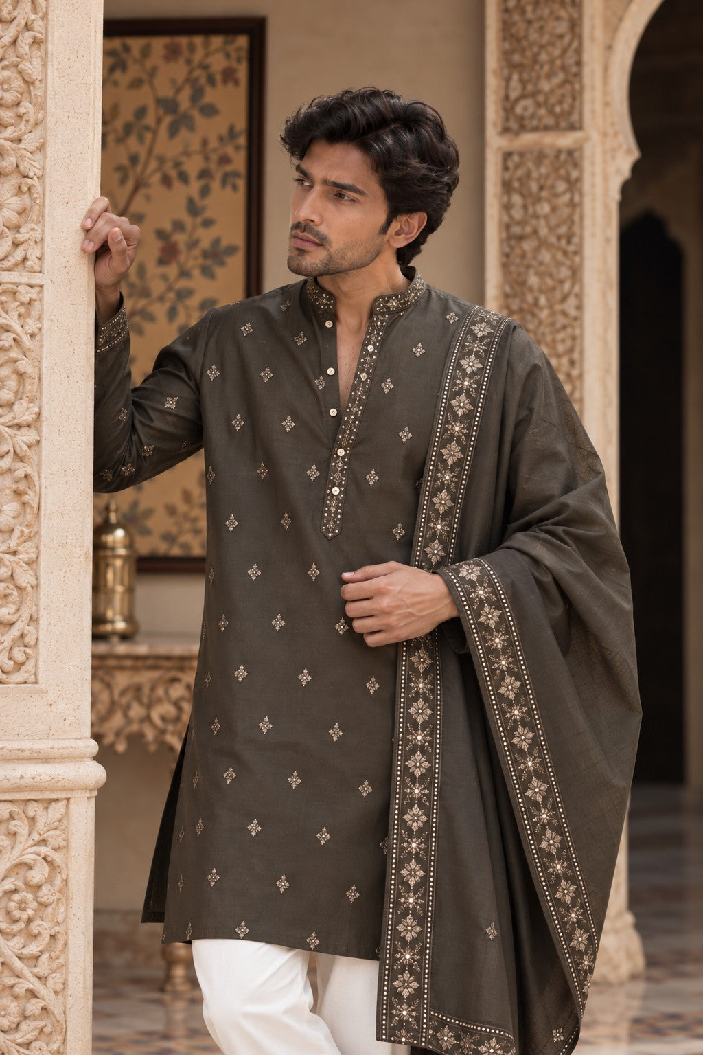The Chocolate Brown Sequins Embroidered Long Kurta With Dupatta