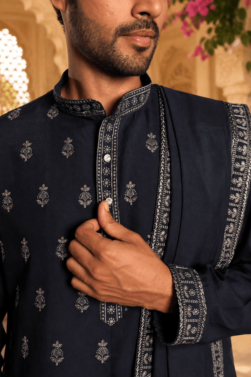 Navy Blue Vine Embroidery Kurta With Dupatta
