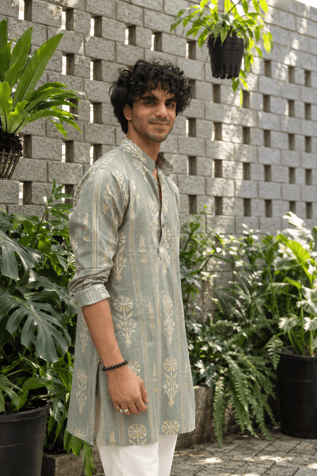 The Muted Grey Golden Print Mid Thigh Length Kurta