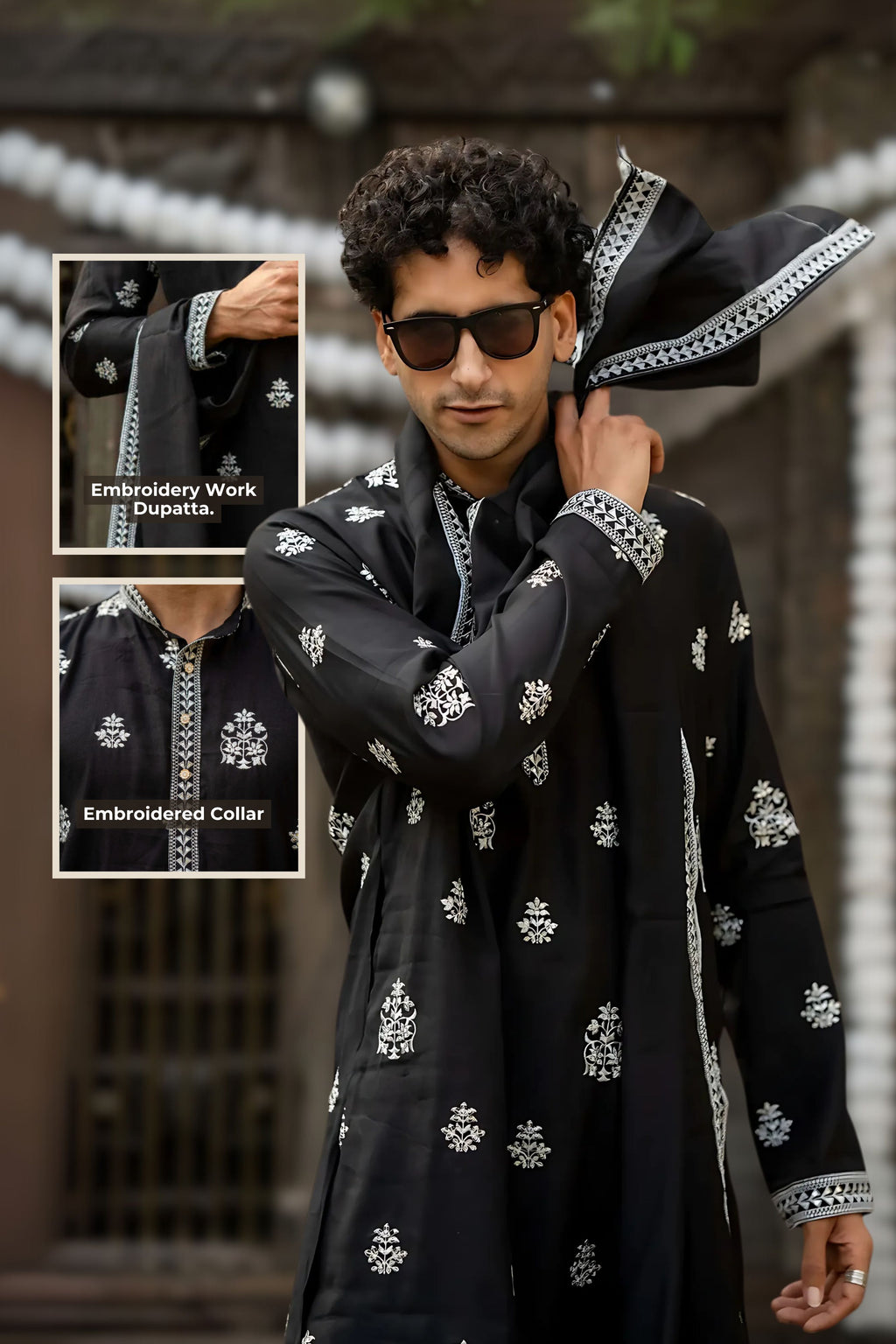 The Black Long Kurta With White Embroidery and Sequins Work With Dupatta and Pajama