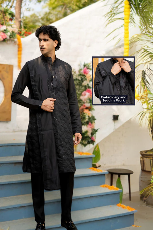 The Black Long Kurta with Classical Embroidery and Sequins Work With Dupatta and Pajama