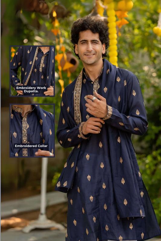 The Midnight Blue Long Kurta With Butti Embroidery And Sequins Work and Dupatta