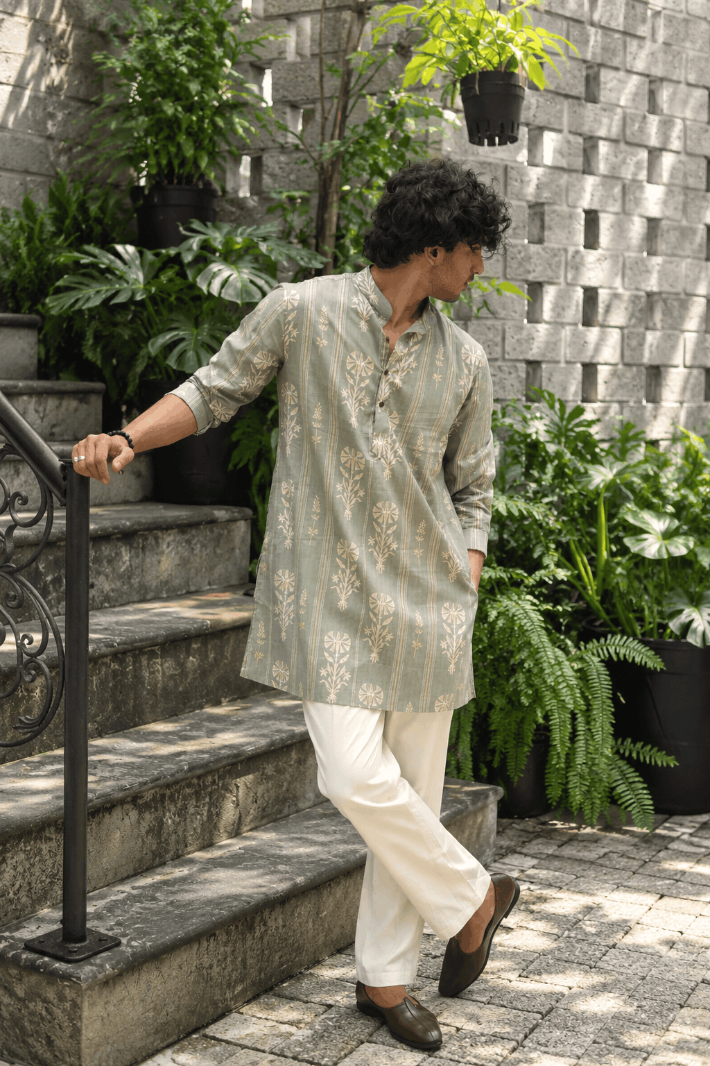 The Muted Grey Golden Print Mid Thigh Length Kurta